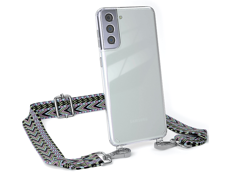 EAZY CASE Transparente Handyhülle mit Kordel Boho Style, Umhängetasche, Samsung, Galaxy S21 Plus 5G, Violett / Grün