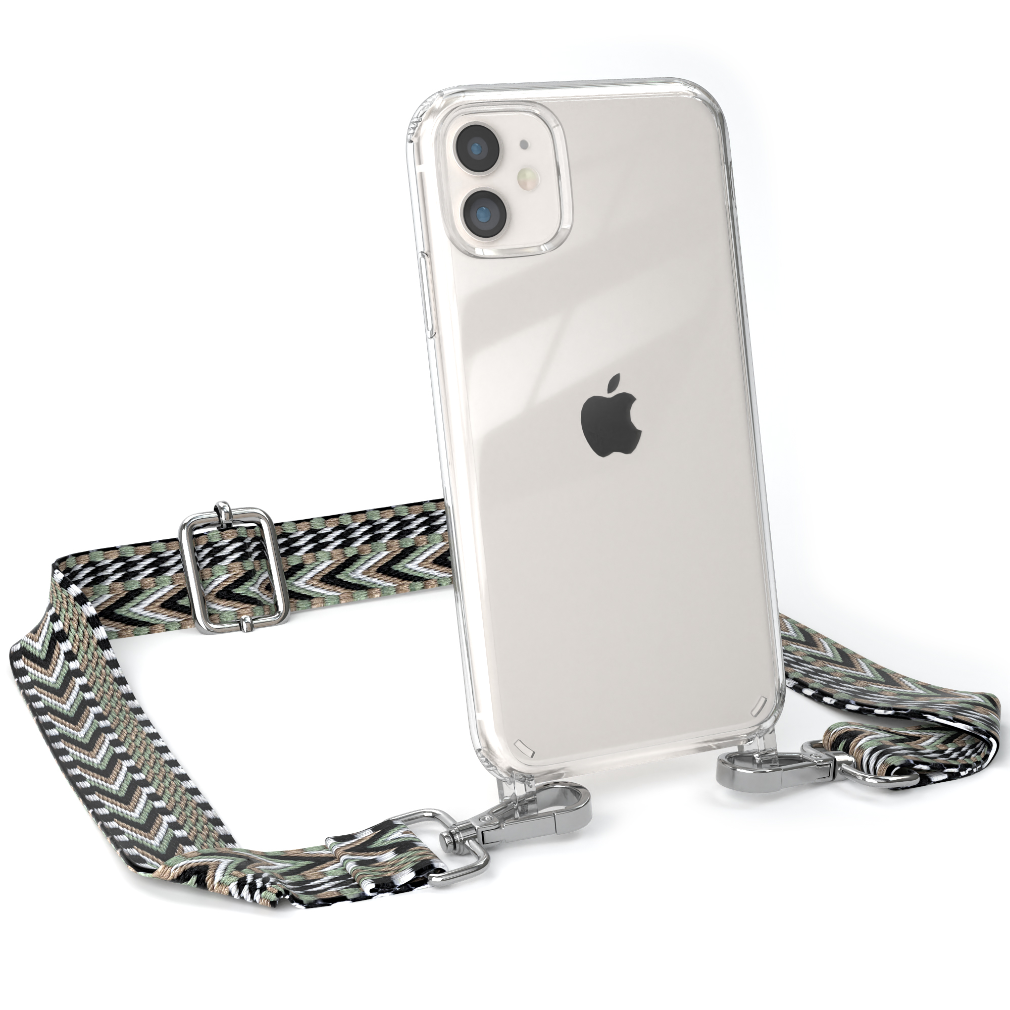 Transparente Handyhülle mit schwarz, weiß, grün gemustertem Band und Metallhaken.