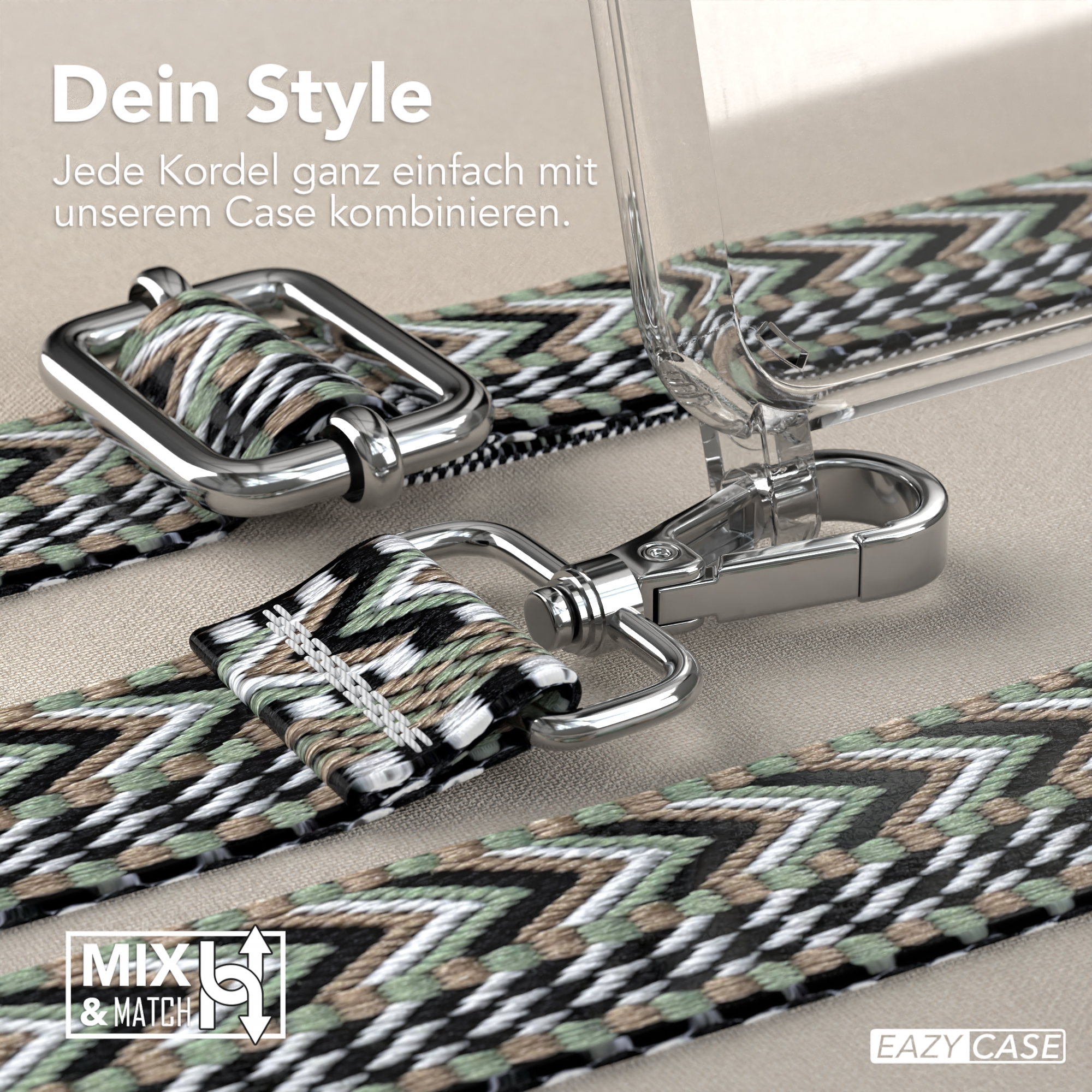 Nahaufnahme eines Telefon-Lanyards mit gemustertem Gurt und silberfarbener Hardware.