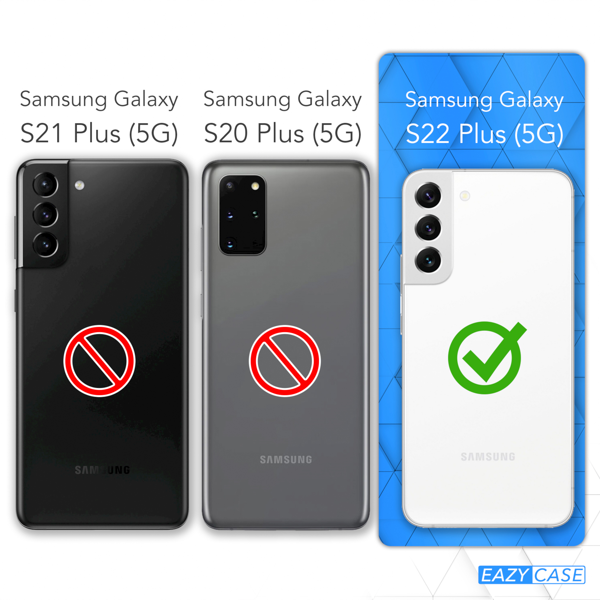 Vergleich der Telefongrößen: Samsung Galaxy S21 Plus, S20 Plus und S22 Plus.