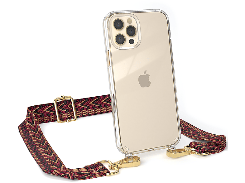 EAZY CASE Transparente Boho / Braun Rot Style, Kordel mit Apple, 12 Pro, / Umhängetasche, Handyhülle iPhone 12