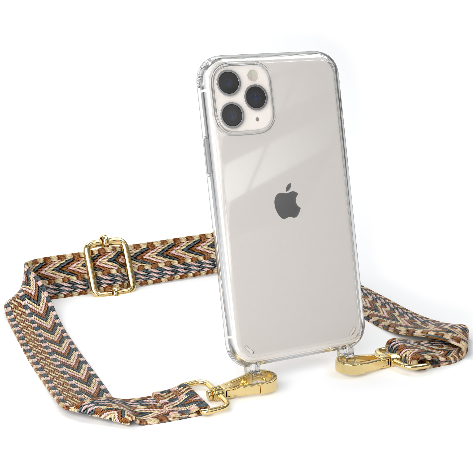 EAZY CASE Transparente Handyhülle mit Mix Umhängetasche, Apple, 11 Style, Kordel Braun Boho Pro, iPhone