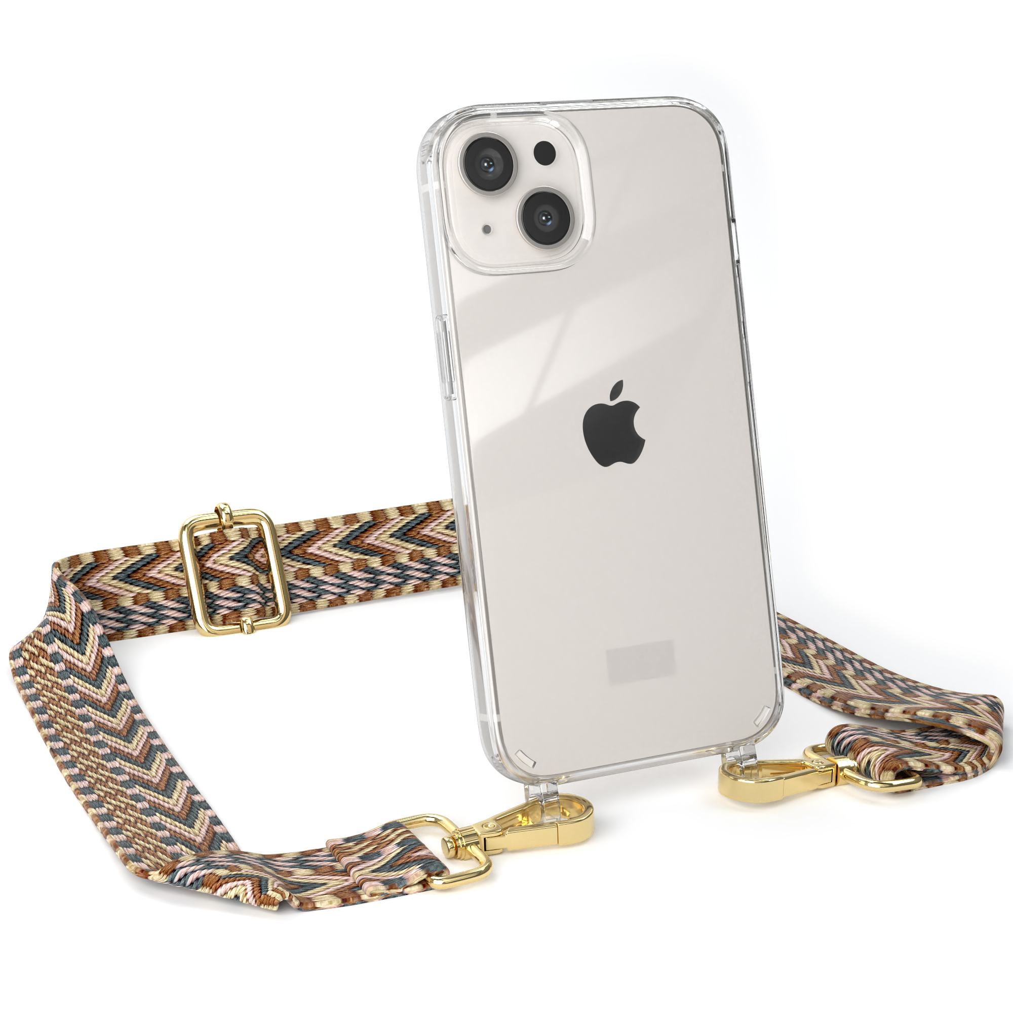Transparente Handyhülle mit buntem Gurt. Ein Apple iPhone befindet sich darin. Weißer Hintergrund.