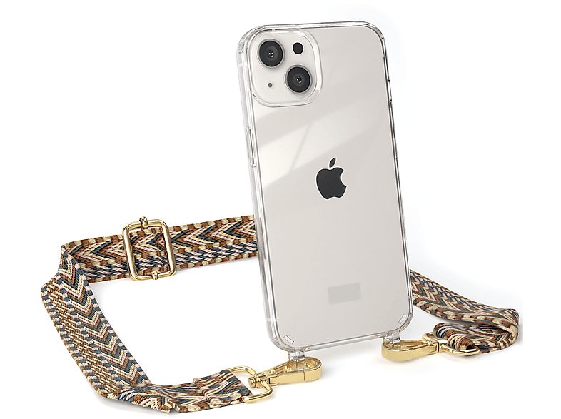 EAZY CASE Transparente Handyhülle mit Kordel Boho Style, Umhängetasche, Apple, iPhone 13, Braun Mix