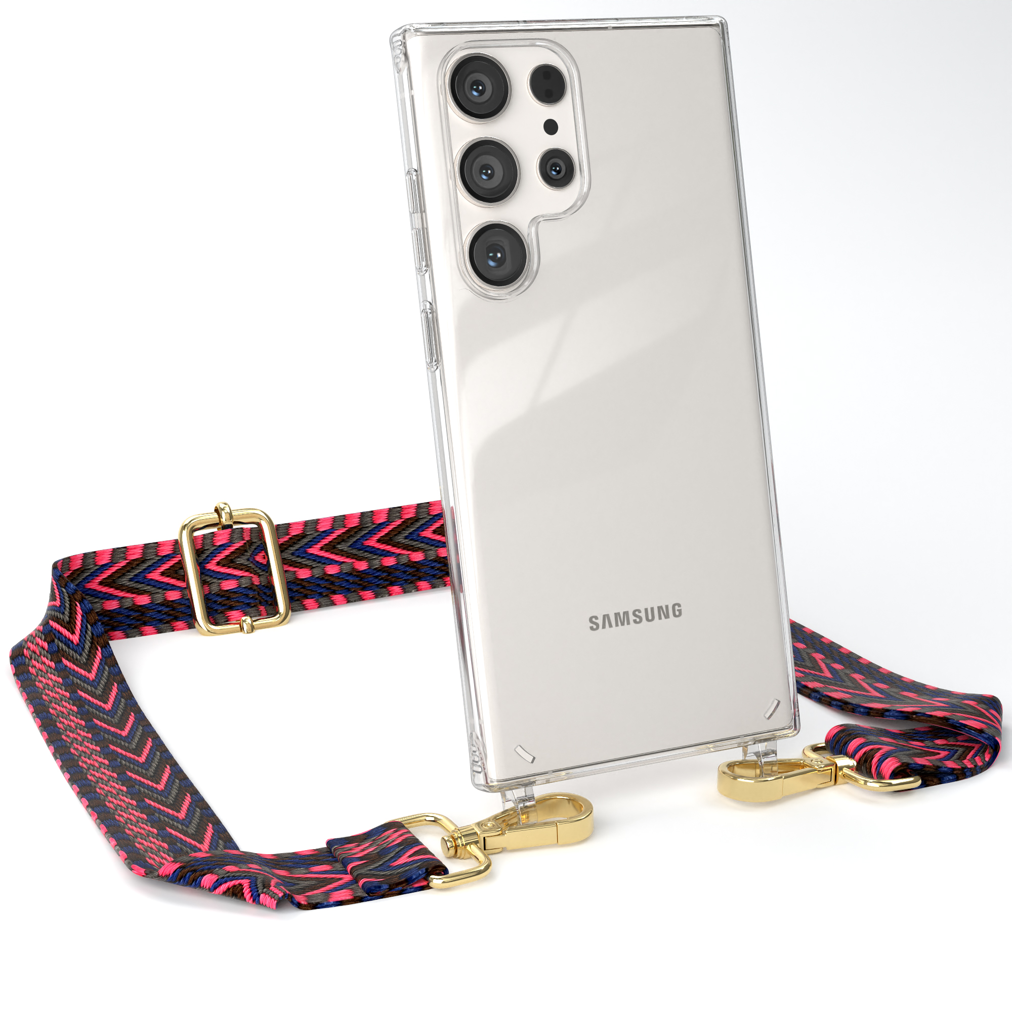 Pink Ultra, S23 CASE Boho / Handyhülle EAZY Style, Transparente Galaxy mit Kordel Umhängetasche, Samsung, Blau