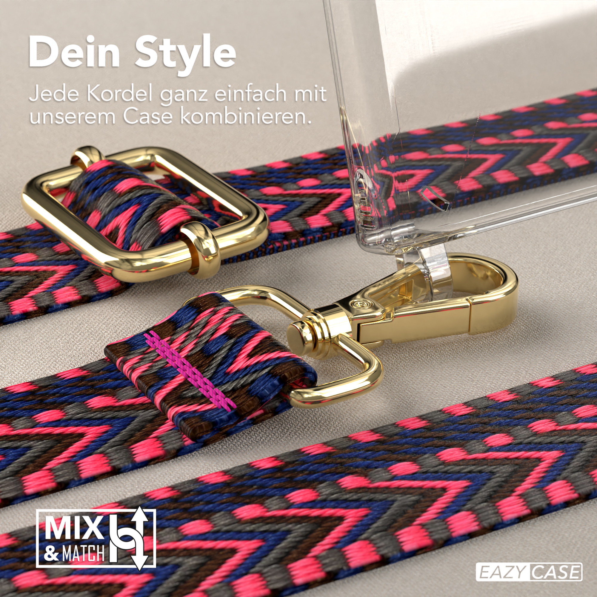 Handyhülle und -band mit pinkem, blauem und schwarzem Design.