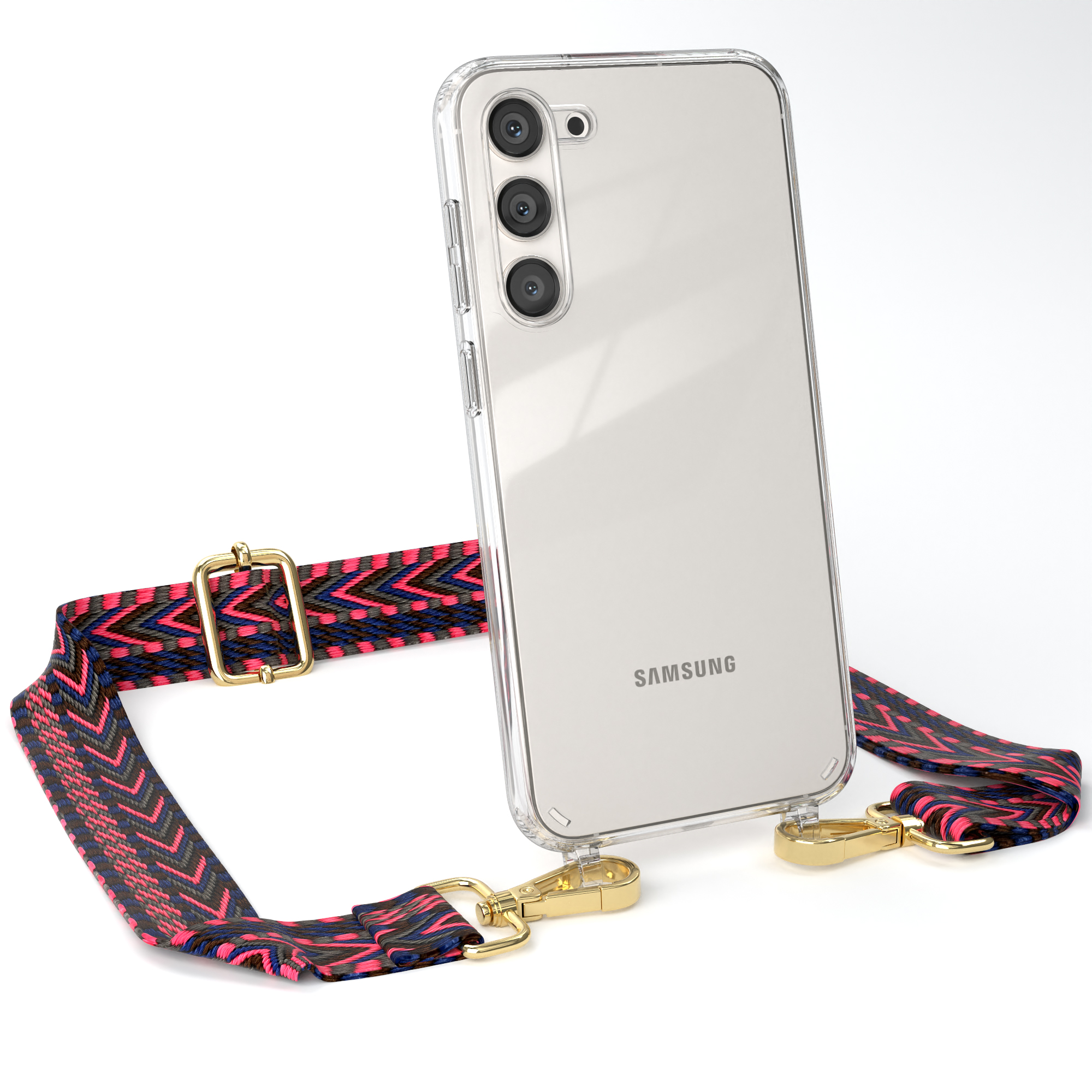EAZY CASE Transparente Handyhülle mit Umhängetasche, Blau S23 Kordel Plus, / Pink Samsung, Style, Galaxy Boho