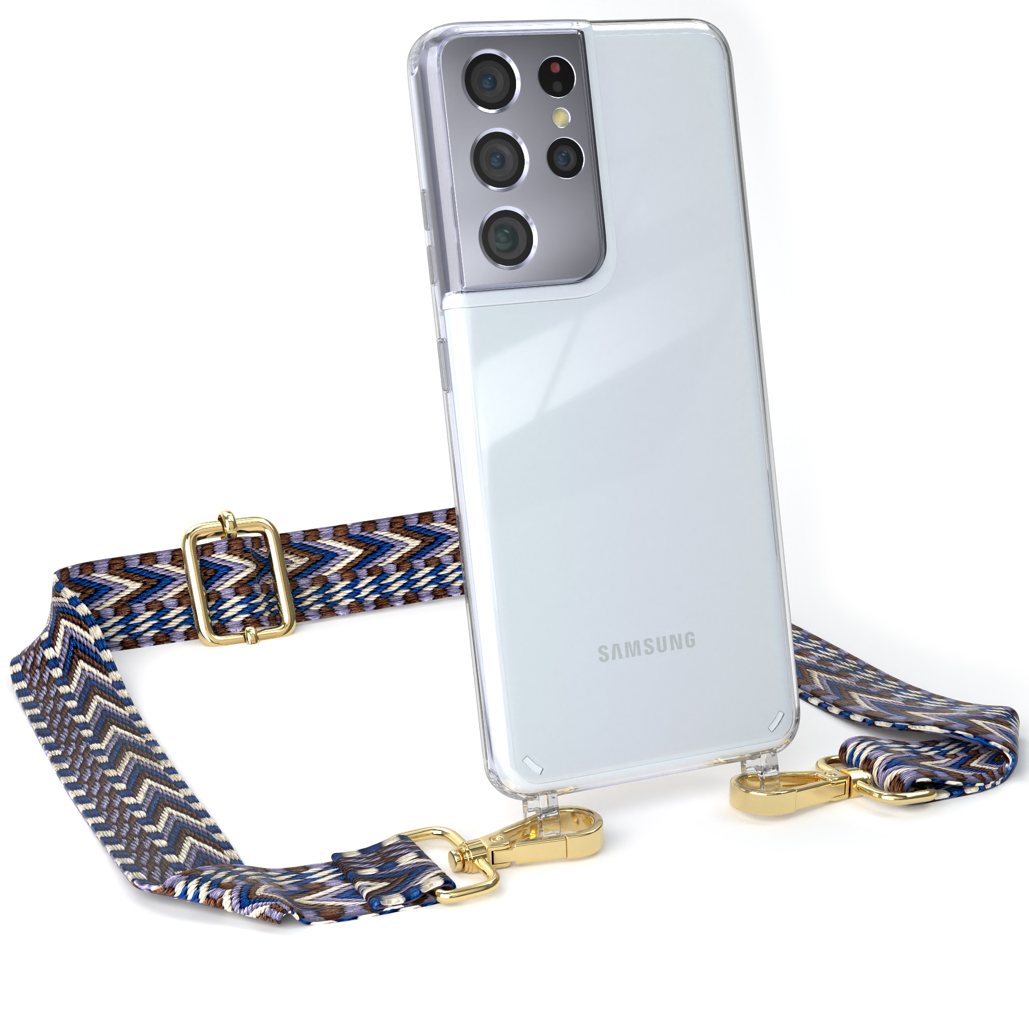S21 Blau Transparente Ultra / Samsung, CASE Handyhülle EAZY Umhängetasche, Boho Kordel 5G, Galaxy Weiß Style, mit
