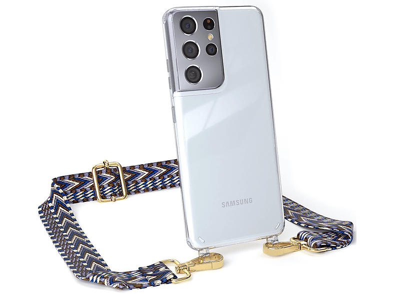 EAZY CASE Transparente Handyhülle mit Kordel Boho Style, Umhängetasche, Samsung, Galaxy S21 Ultra 5G, Blau / Weiß