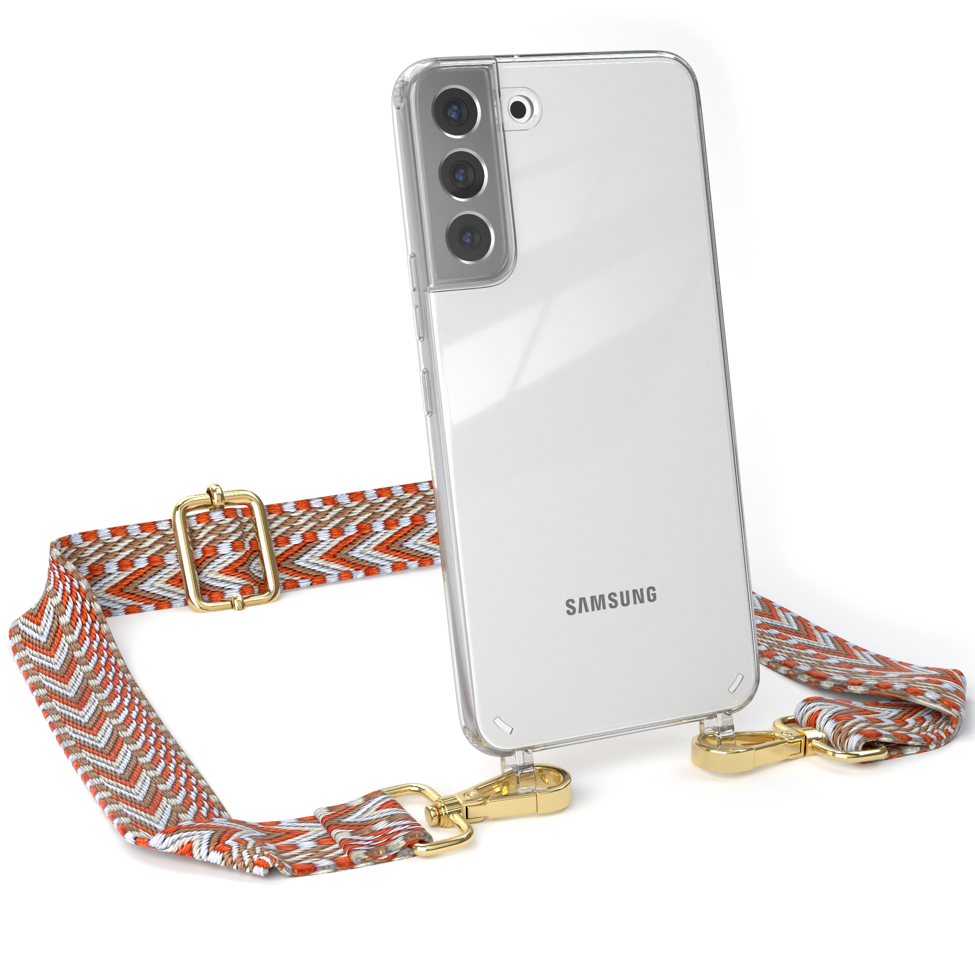 Transparente Handyhülle mit Band. Orange, weißes und rotes Musterband. Samsung-Telefon sichtbar.