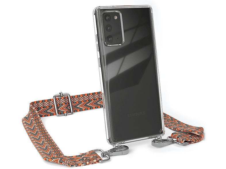 EAZY CASE Transparente Handyhülle mit Kordel Boho Style, Umhängetasche, Samsung, Galaxy Note 20 / Note 20 5G, Orange / Grün
