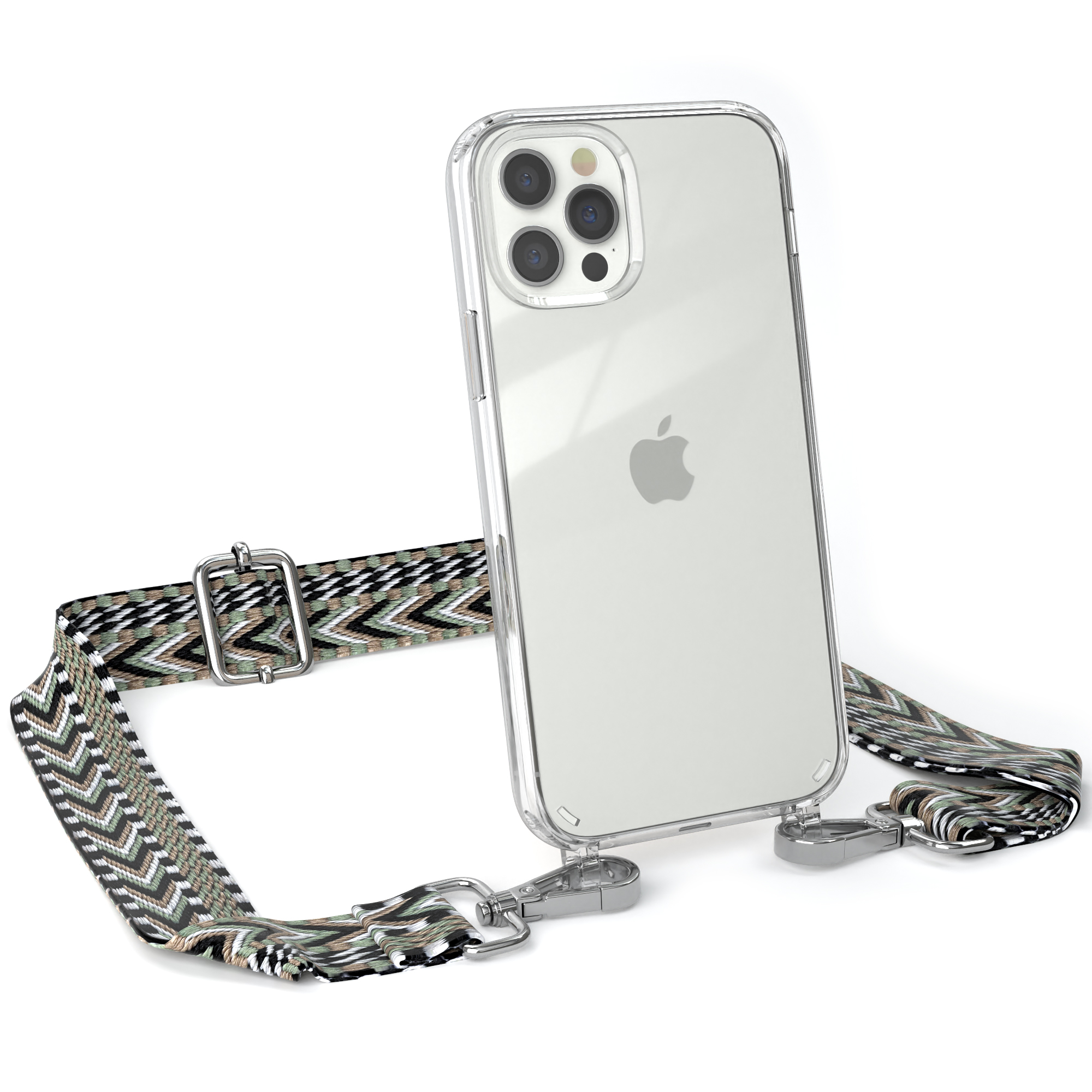 Transparente Handyhülle mit grün-schwarzem Riemen, silberner Hardware, Apple-Logo.