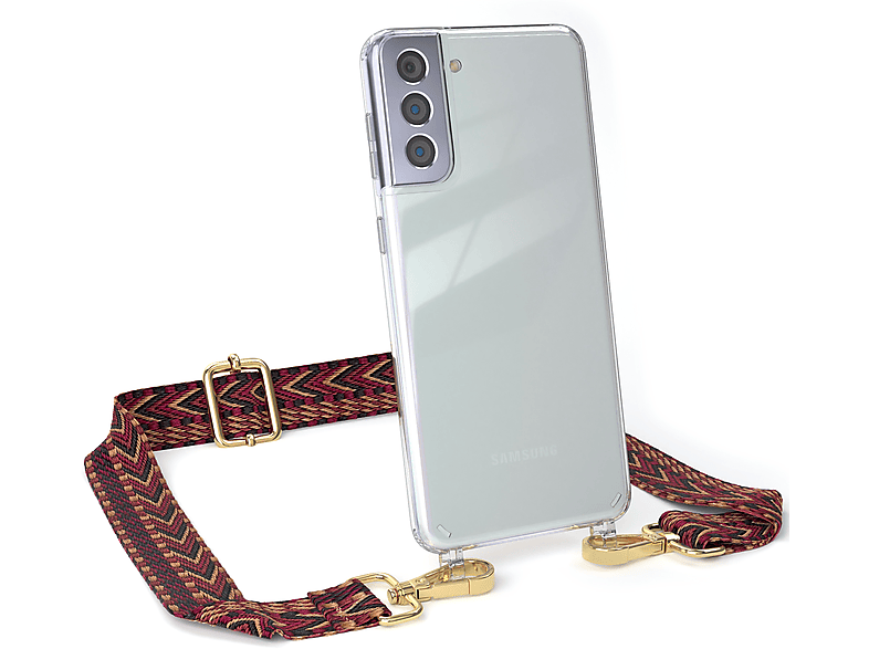 EAZY CASE Transparente Plus S21 Boho Kordel Handyhülle Rot Umhängetasche, Braun Style, mit Galaxy 5G, / Samsung