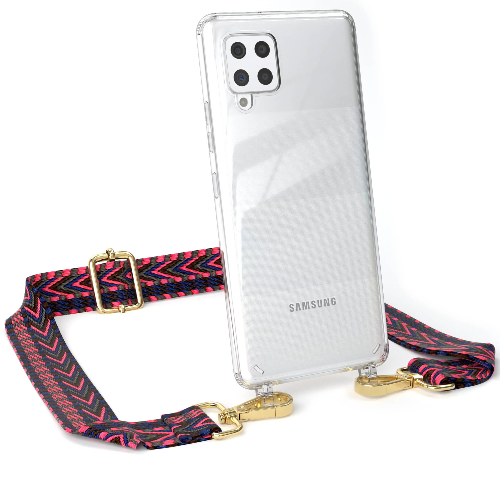 Transparente Handyhülle mit pinkfarbenem Riemen. Auf dem Telefon steht Samsung. Weißer Hintergrund.