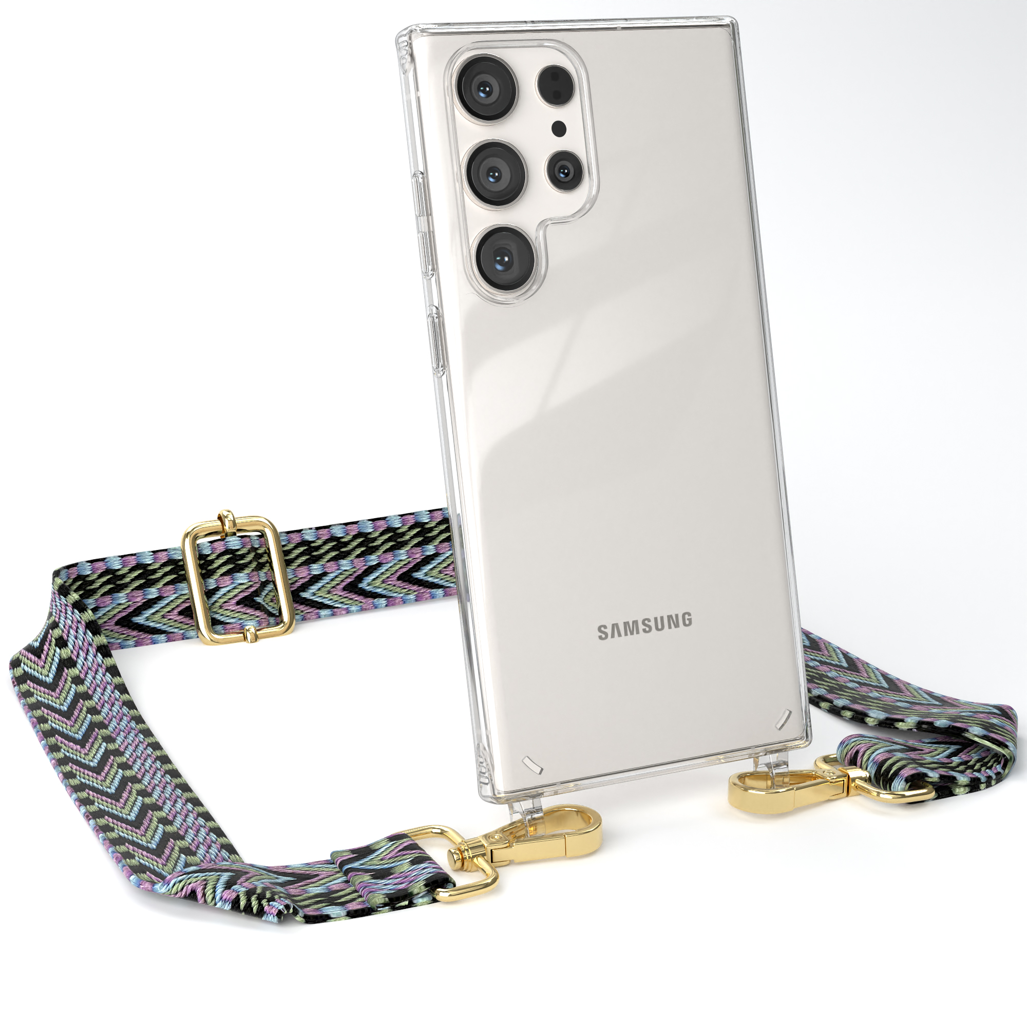 Transparente Handyhülle S23 Ultra, Boho Samsung, Galaxy mit Style, Umhängetasche, Kordel EAZY CASE Violett Grün /