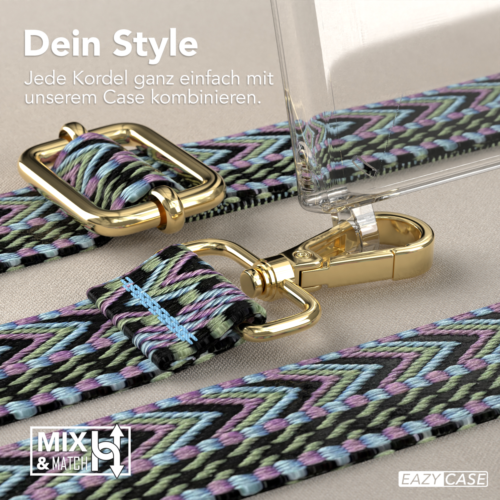 Ein Telefonriemen mit goldenem Verschluss und gemustertem Stoff.