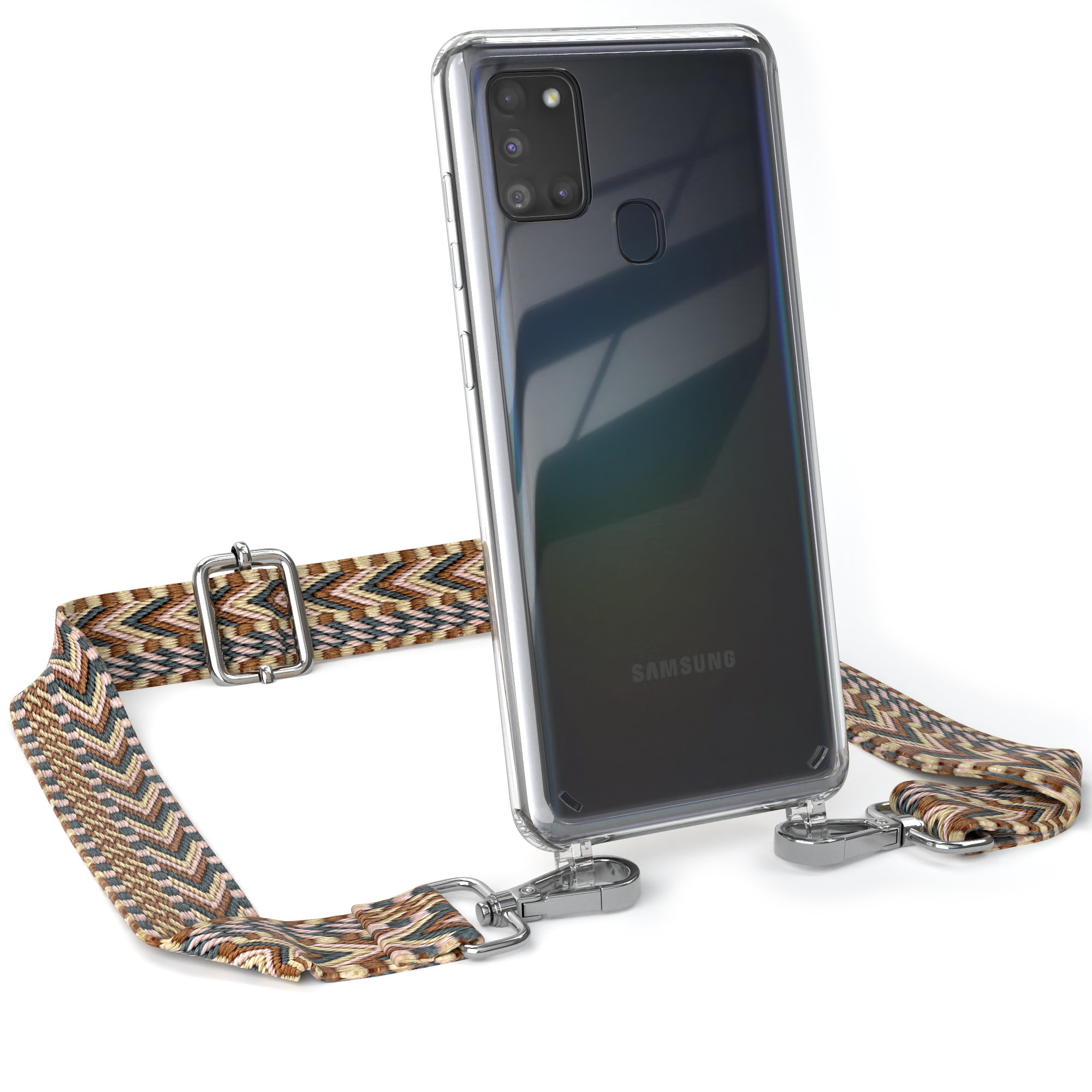 EAZY CASE A21s, Style, Boho Mix Transparente Handyhülle Samsung, Braun Galaxy Umhängetasche, mit Kordel