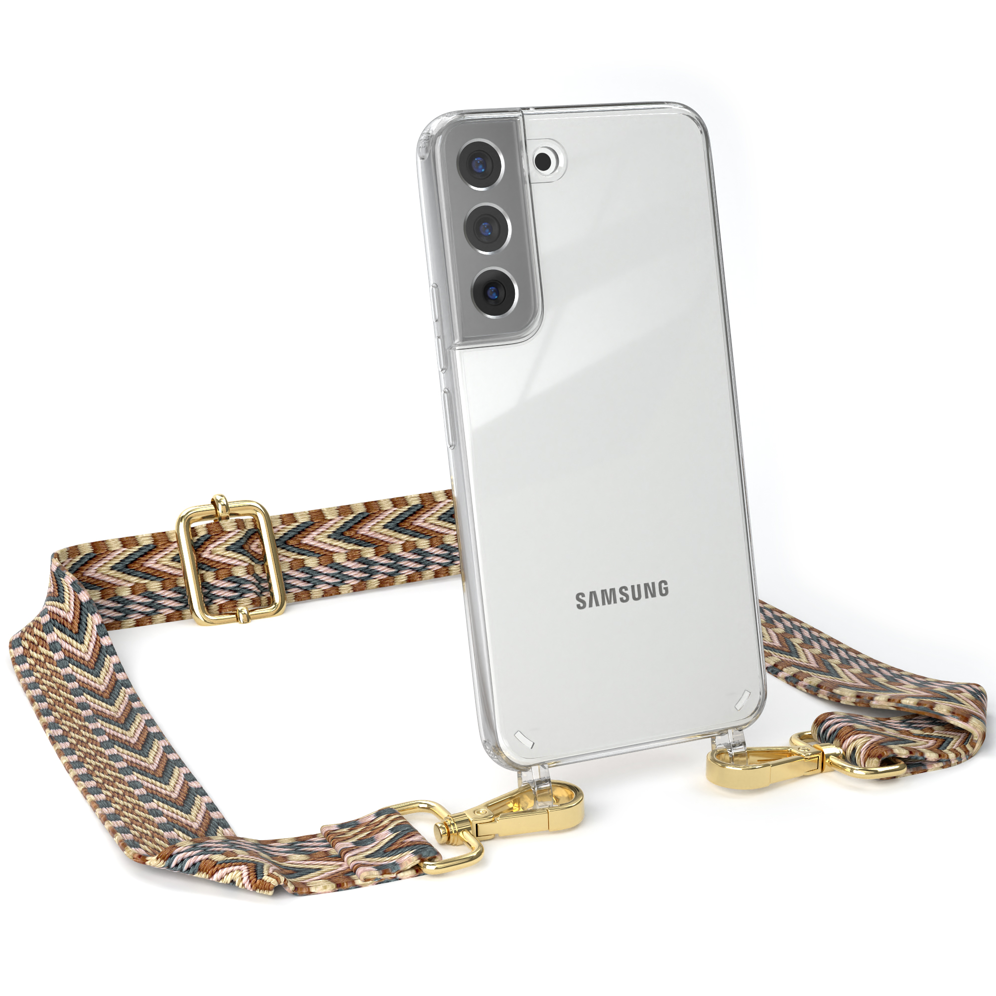 5G, Samsung, EAZY Kordel Style, CASE mit Umhängetasche, S22 Transparente Braun Mix Handyhülle Boho Galaxy