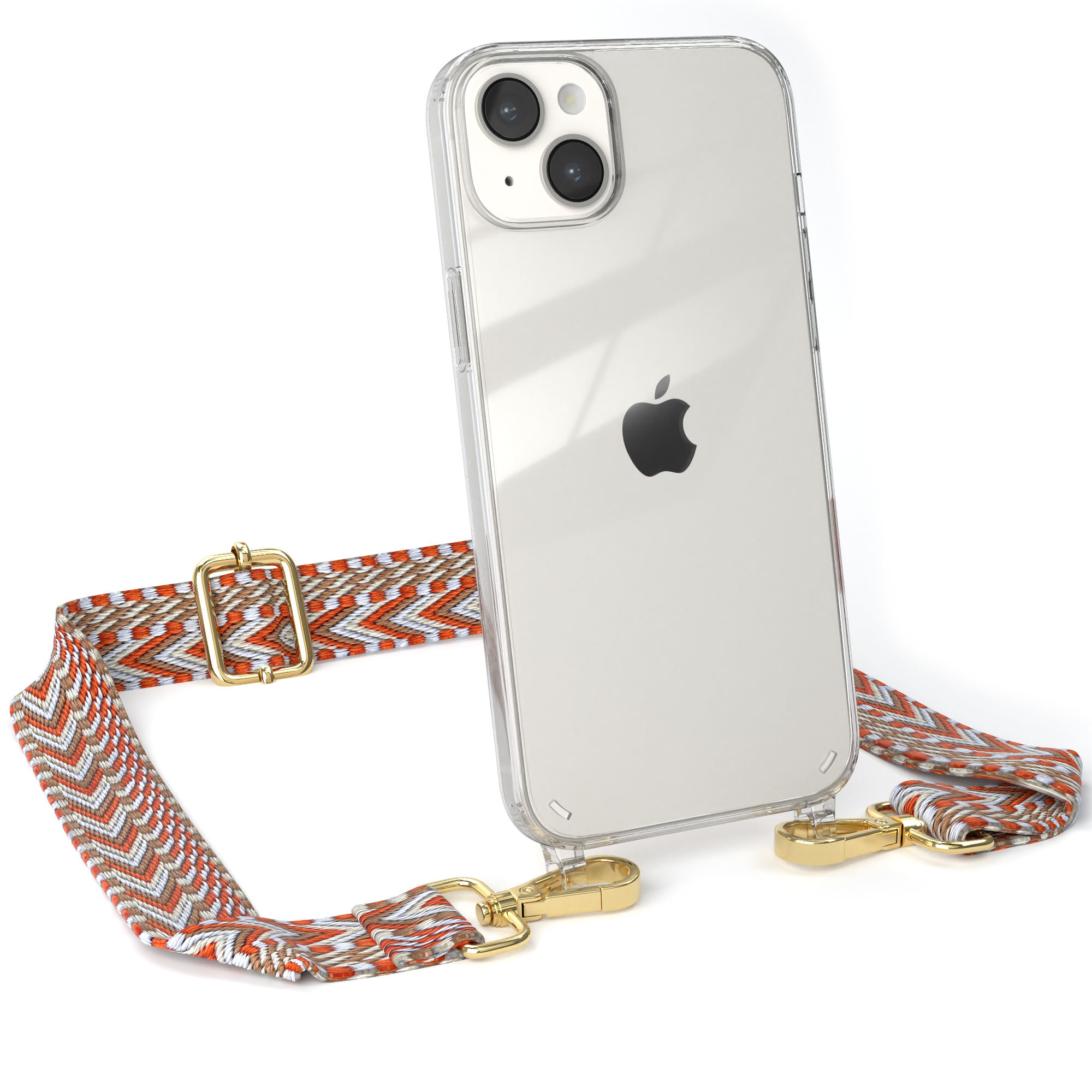 Transparente iPhone-Hülle mit orange-weiß gemustertem Riemen. Goldene Verschlüsse.