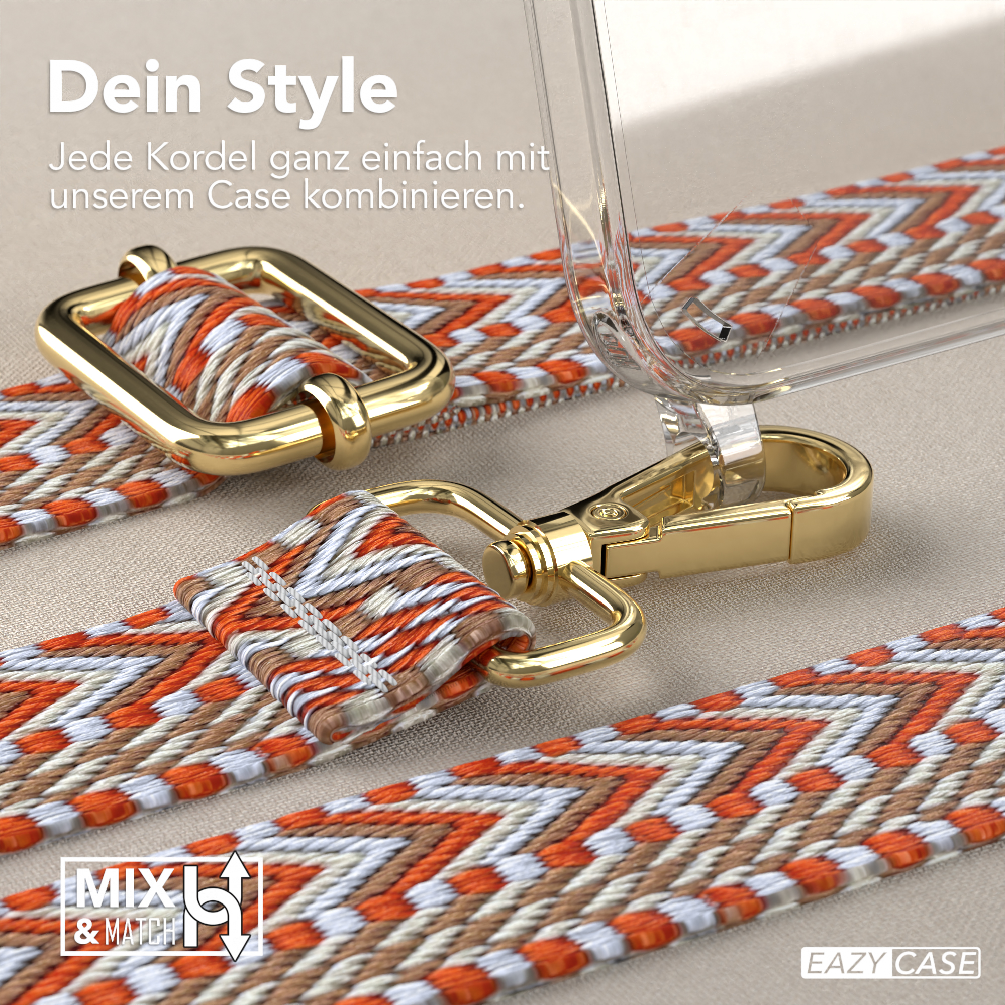 Nahaufnahme von Handyhülle und -riemen. Riemen orange und weiß gemustert mit goldenem Verschluss und Ring.