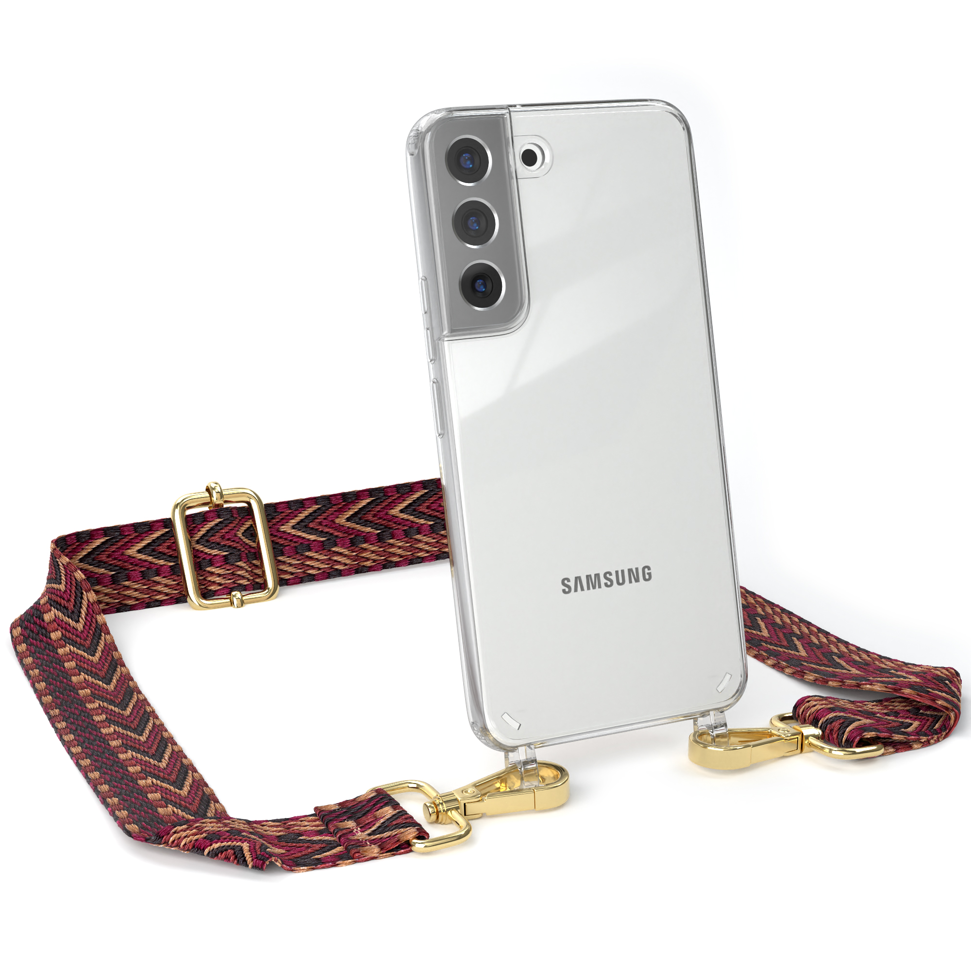 EAZY CASE Transparente Handyhülle S22 Style, Umhängetasche, Boho Samsung, 5G, Kordel mit / Braun Rot Galaxy