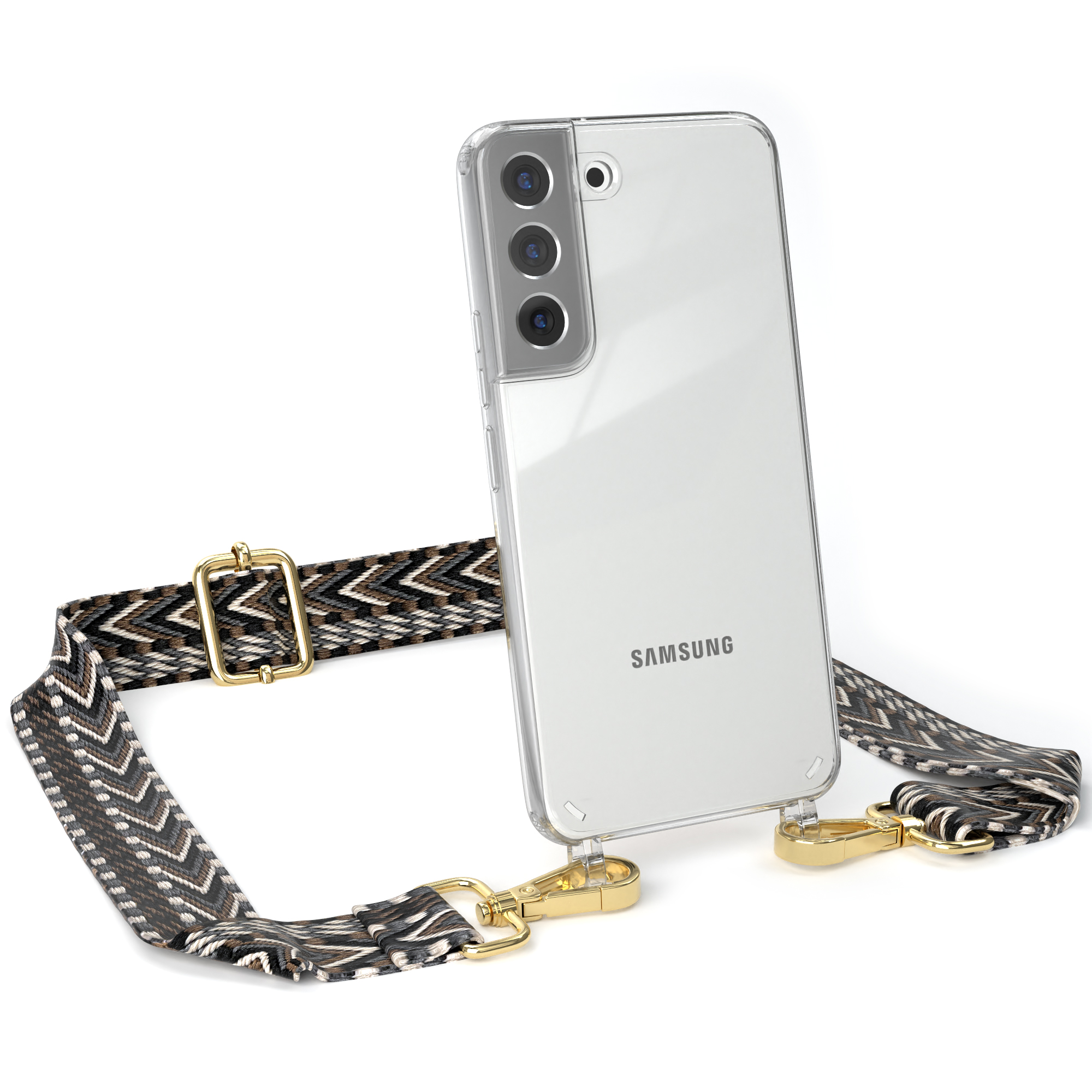 Transparente Samsung-Handyhülle mit Riemen. Riemen mit weißem, schwarzem und beigem Muster mit goldenen Clips.
