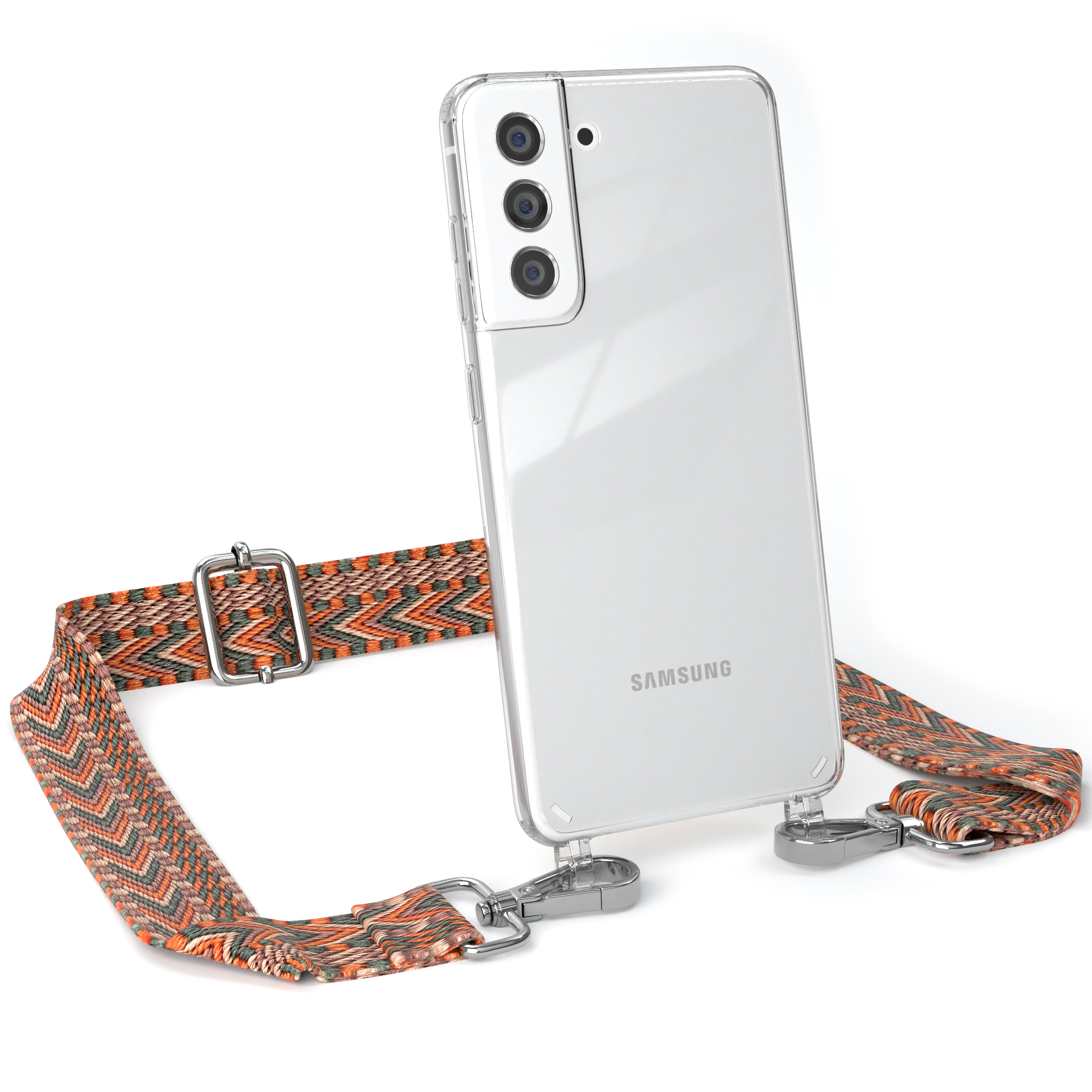 Transparente Handyhülle mit Riemen. Der Riemen hat ein gemustertes Design mit orange und grauen Farben.