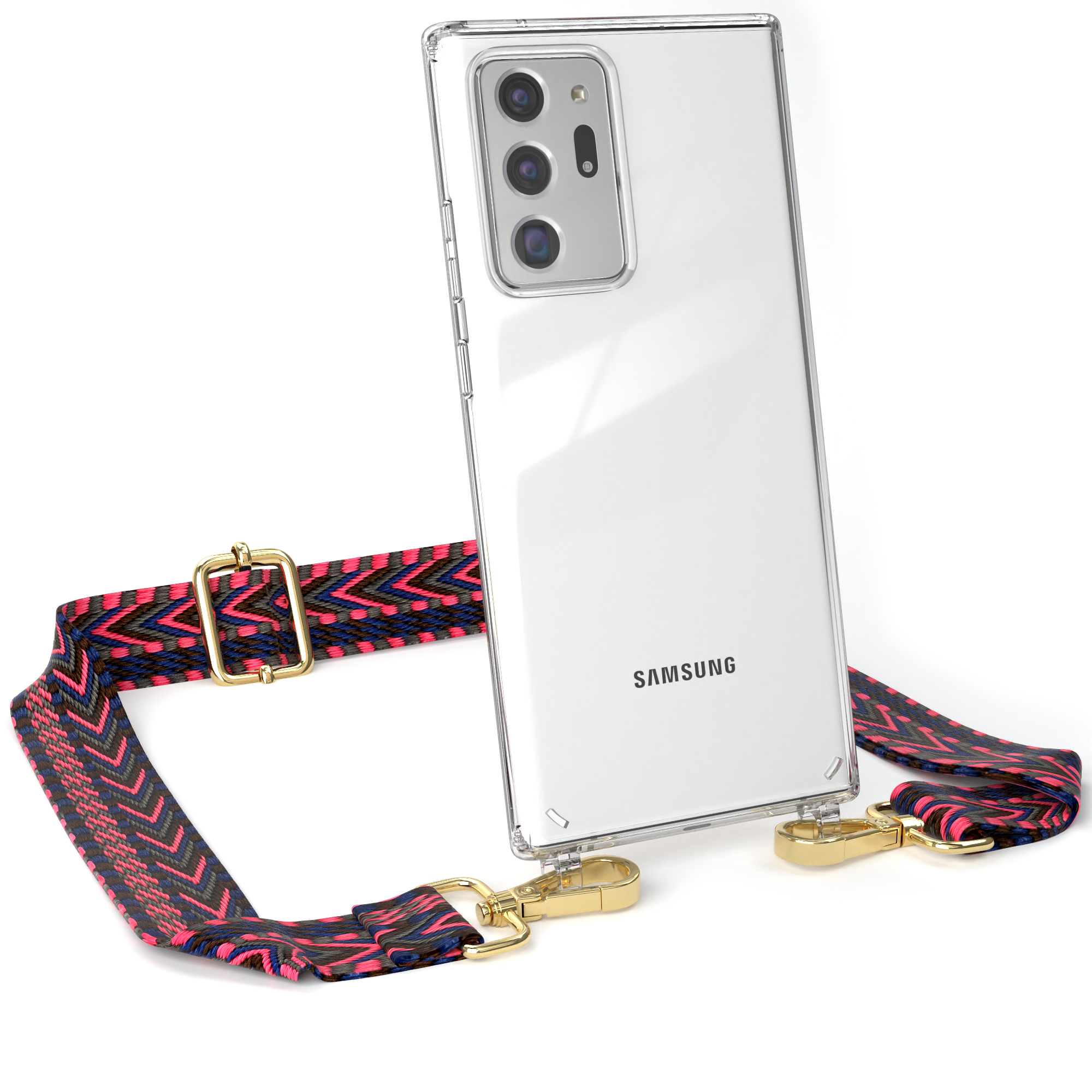 EAZY CASE Transparente Handyhülle mit Boho Umhängetasche, Blau Note Style, Ultra Kordel Ultra 5G, Note Galaxy / Samsung, 20 20 Pink 