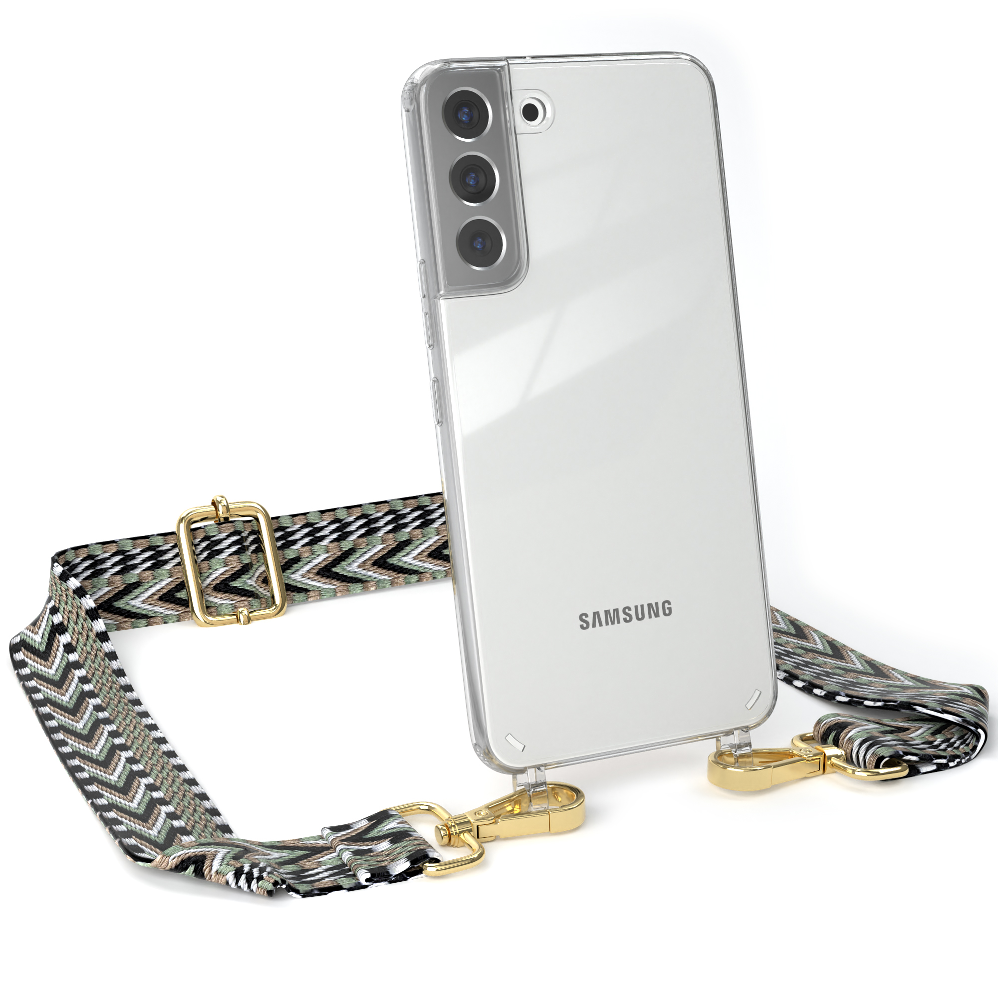 Transparente Handyhülle mit Riemen. Samsung-Logo sichtbar. Riemen mit grünem, schwarzem und beigem Zickzackmuster.