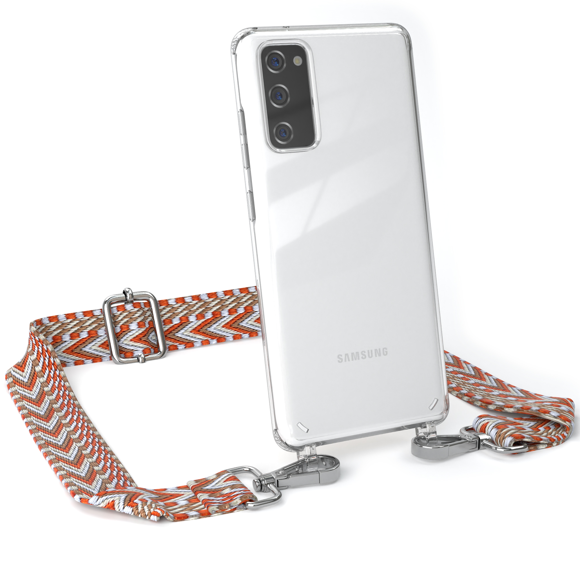 Transparente Handyhülle mit orange-grauem Musterriemen. Das Samsung-Telefon ist auf der Rückseite zu sehen.