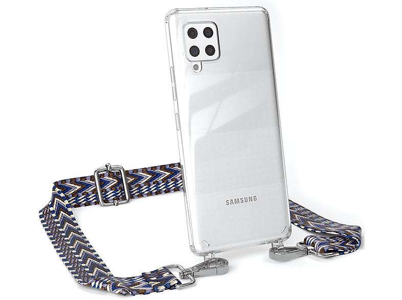 EAZY CASE Transparente Handyhülle mit Kordel Boho Style, Umhängetasche, Samsung, Galaxy A42 5G, Blau / Weiß