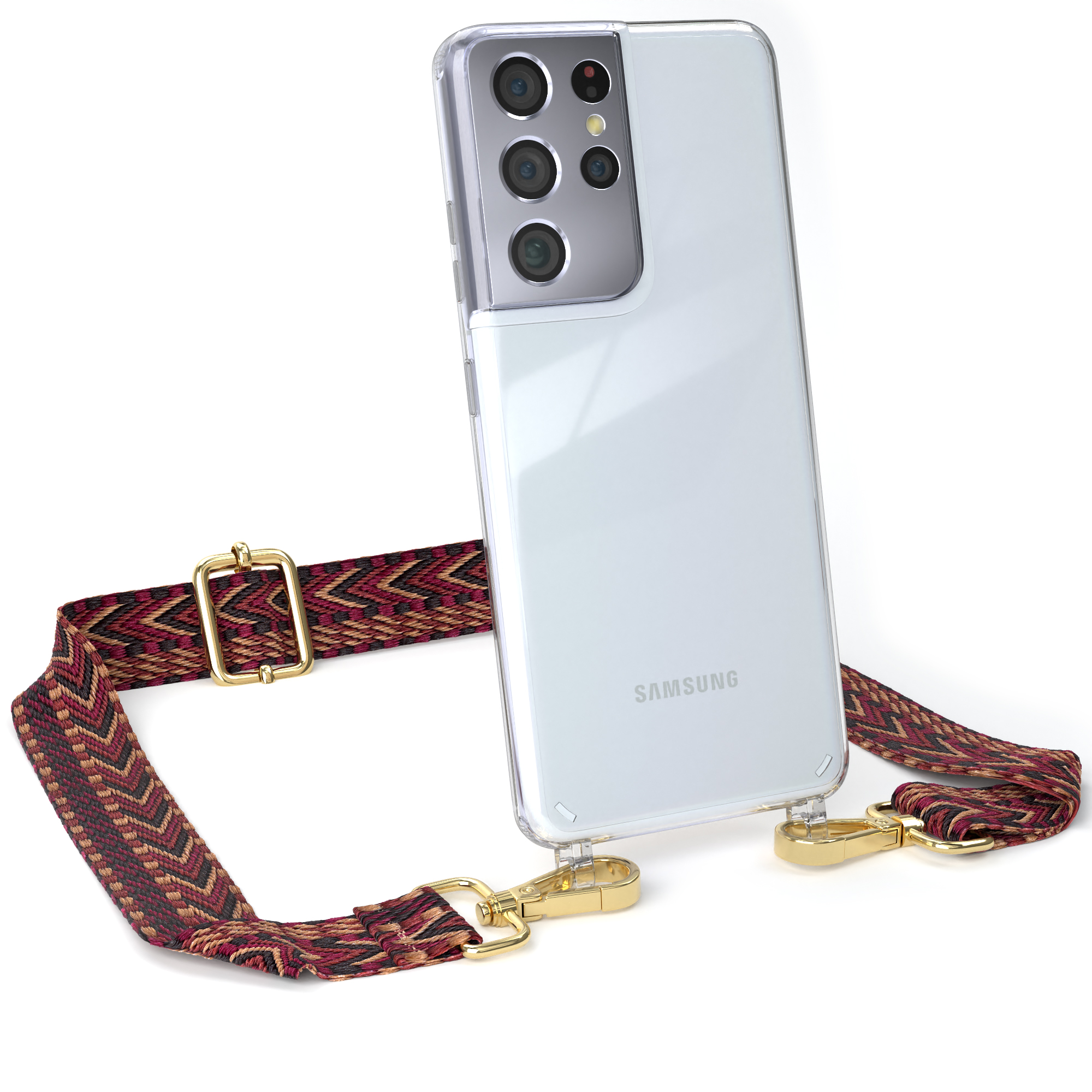 EAZY CASE Kordel Handyhülle Galaxy Style, S21 Rot Umhängetasche, / mit Transparente 5G, Ultra Boho Braun Samsung