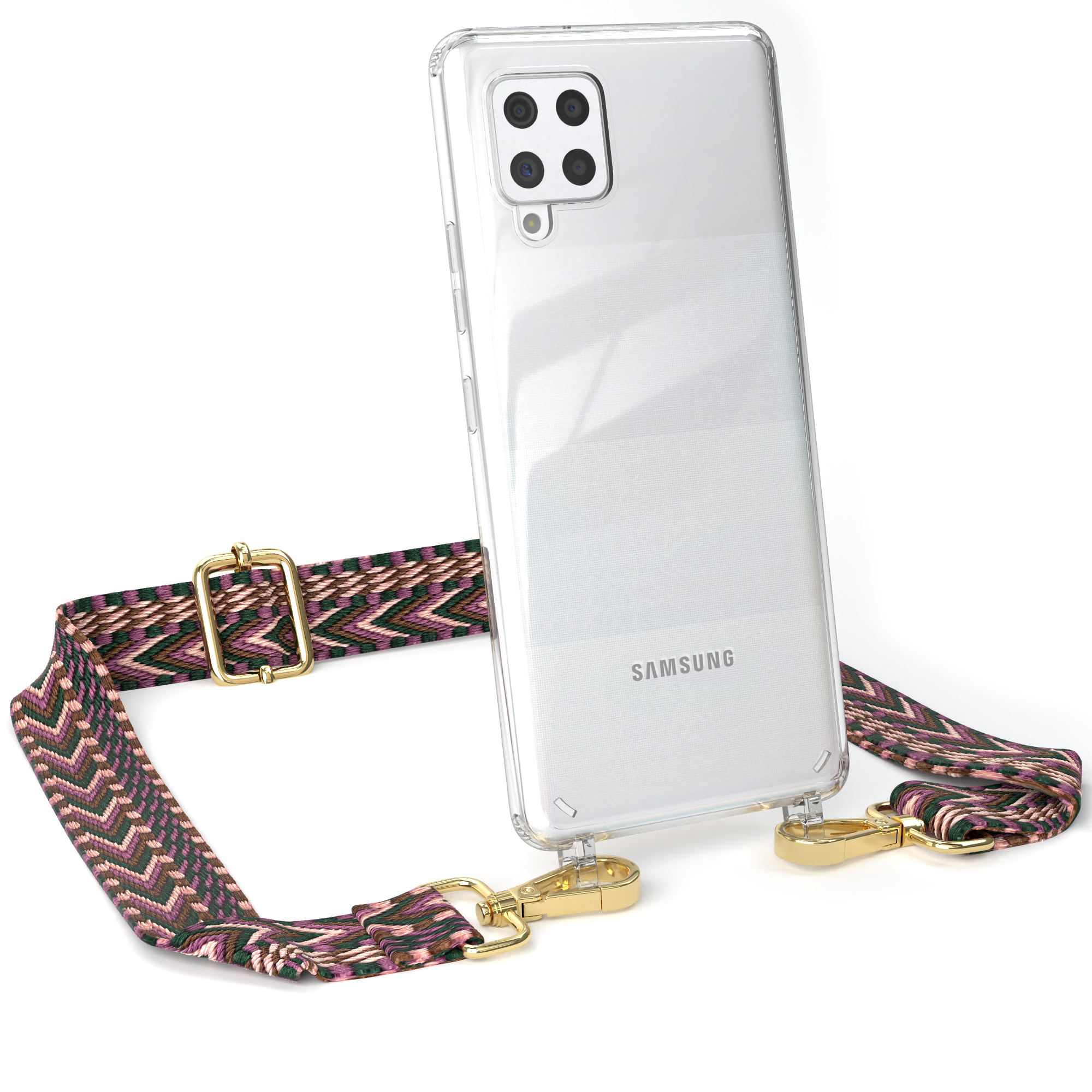 Eine transparente Handyhülle mit Riemen, die ein Samsung-Handy zeigt. Der Riemen ist grün, pink und lila.