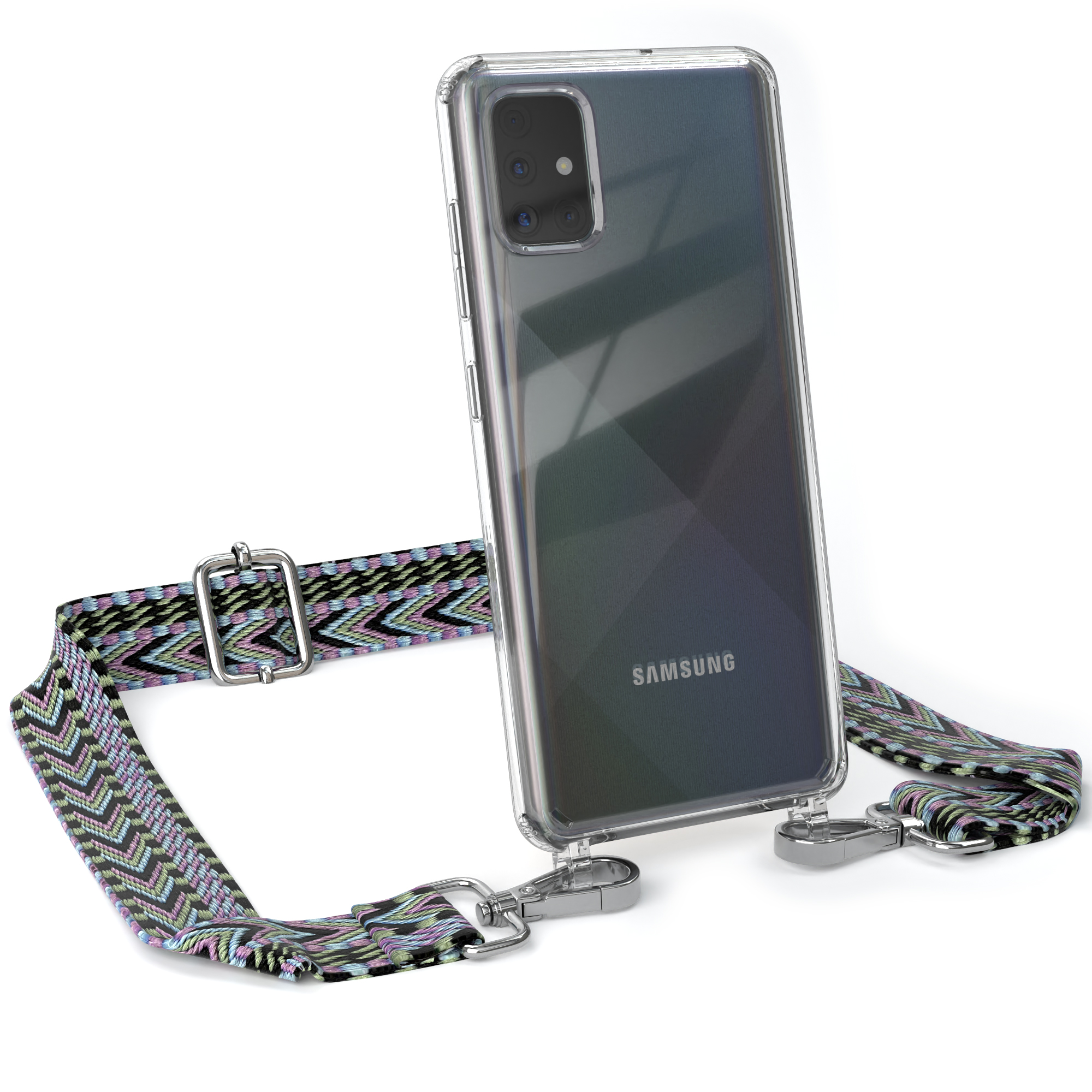 EAZY CASE Transparente Handyhülle Galaxy Grün Umhängetasche, / Style, Samsung, A51, Violett mit Boho Kordel