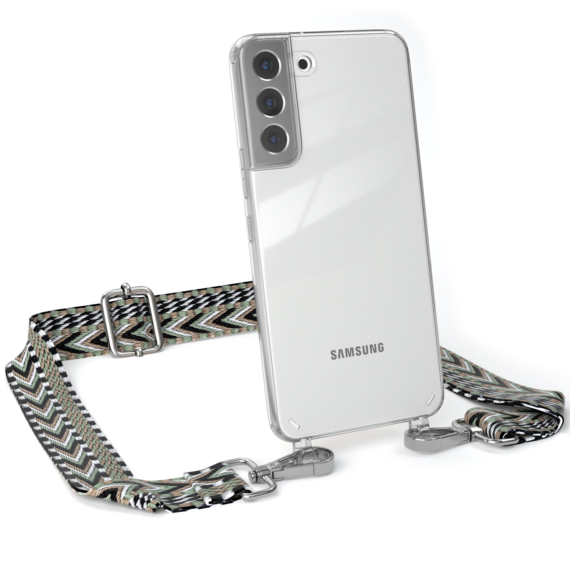 Klare Handyhülle mit gemustertem Riemen. Samsung-Logo sichtbar. Weißer Hintergrund.