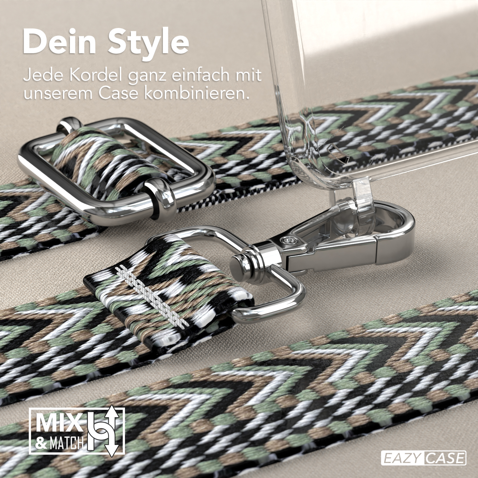 Nahaufnahme eines Telefonriemens mit einer Mischung aus Farben und Metallverschlüssen.