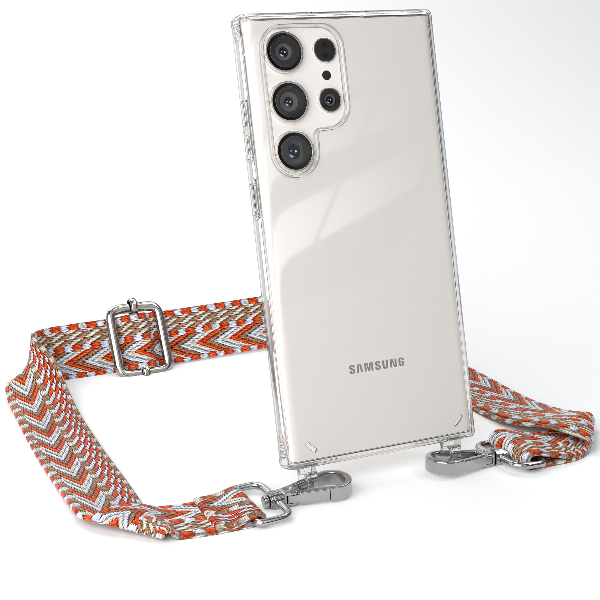 Transparente Samsung-Handyhülle mit orangefarbenem und weißem Riemen. Silberne Hardware. Weißer Hintergrund.