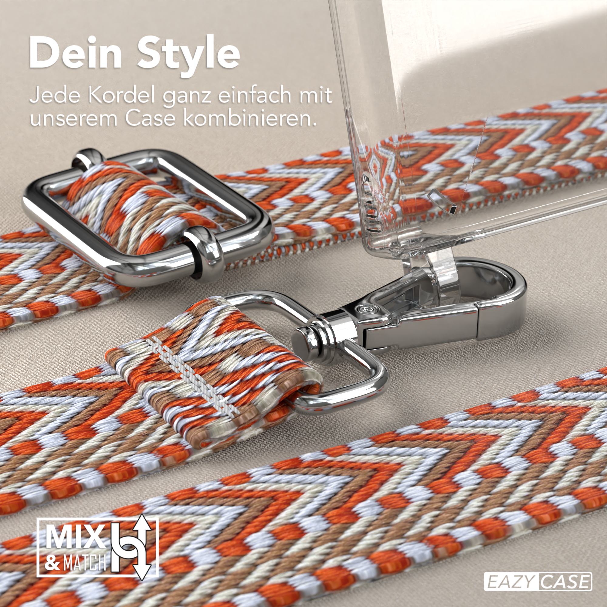 Nahaufnahme des Telefonhüllenriemens mit Metallbeschlägen und orange/braunem Design.
