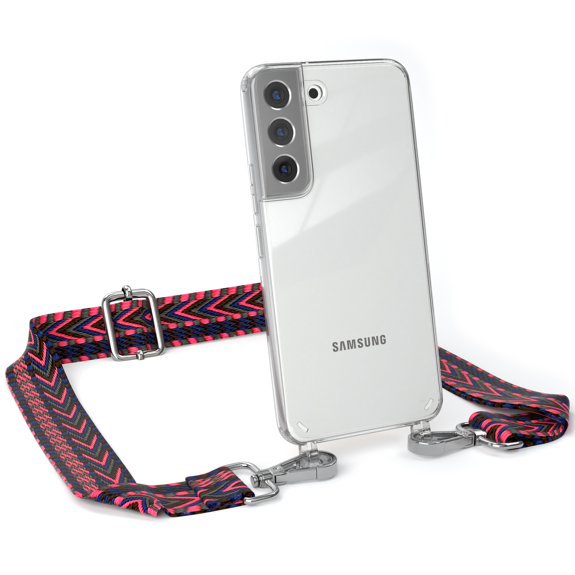 EAZY CASE Transparente Handyhülle mit Blau 5G, S22 / Kordel Galaxy Style, Pink Samsung, Boho Umhängetasche