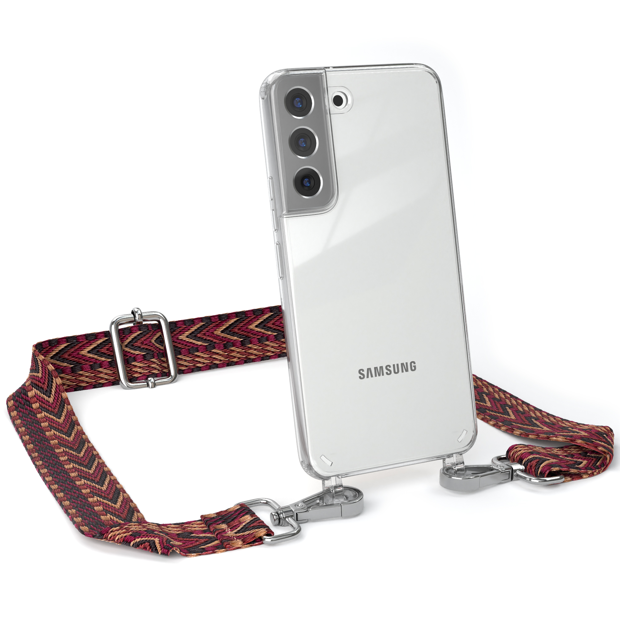 Transparente Handyhülle mit weinrotem und braunem Band und goldenen Haken. Samsung.