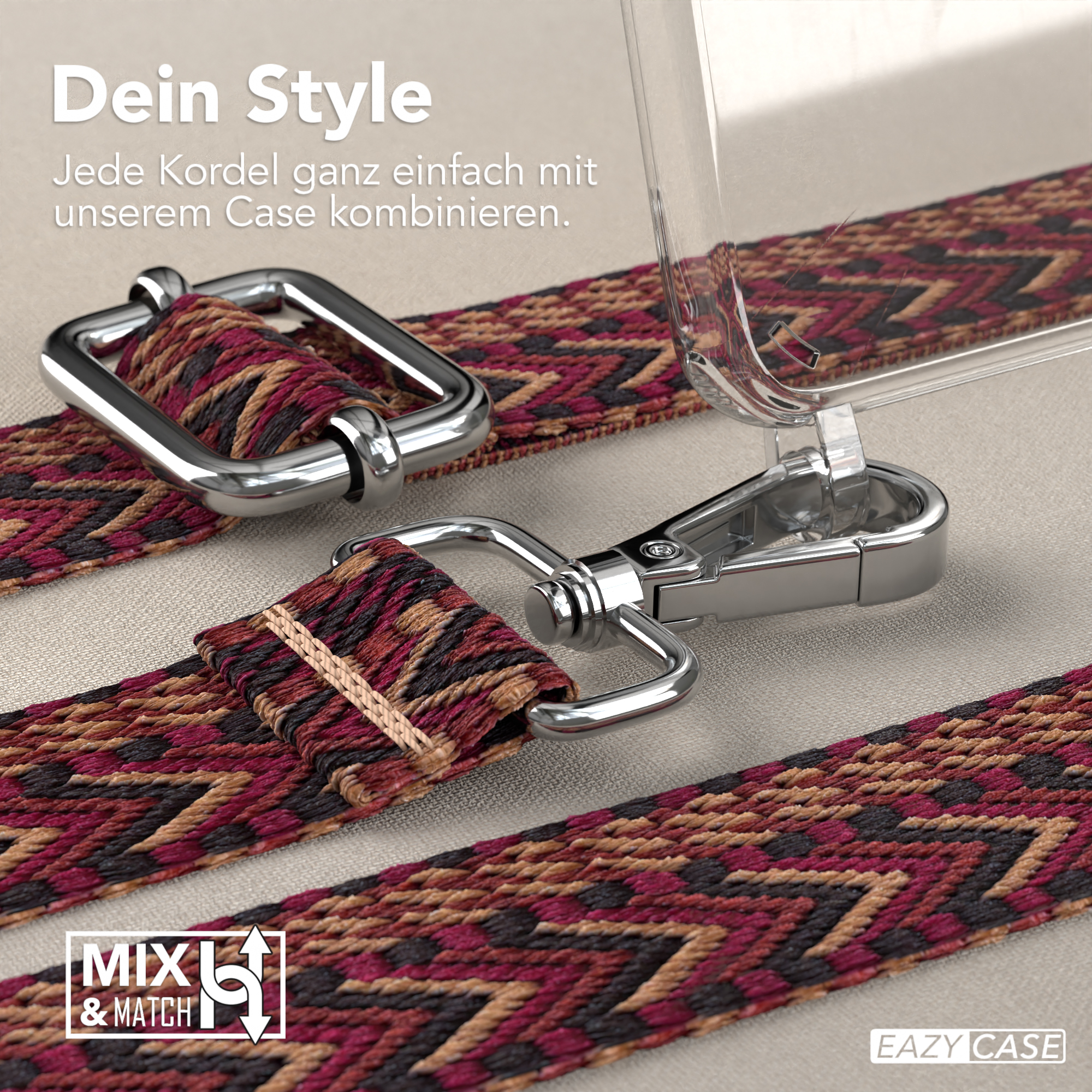 Nahaufnahme eines Handyhüllenriemens mit gemustertem Design und Metallclips.