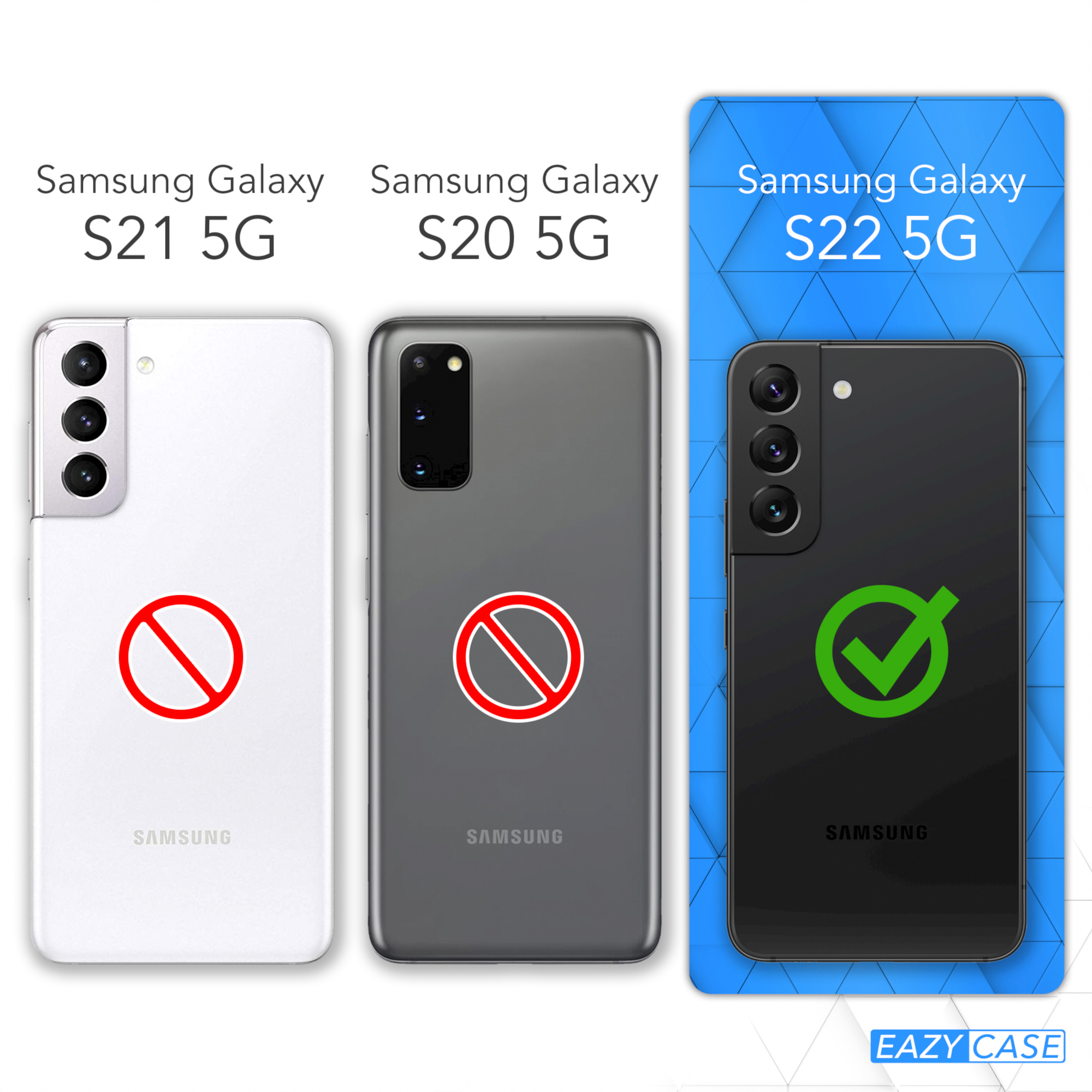 Drei Samsung-Telefone, S21 5G, S20 5G und S22 5G. S22 hat ein Häkchen, andere ein X.