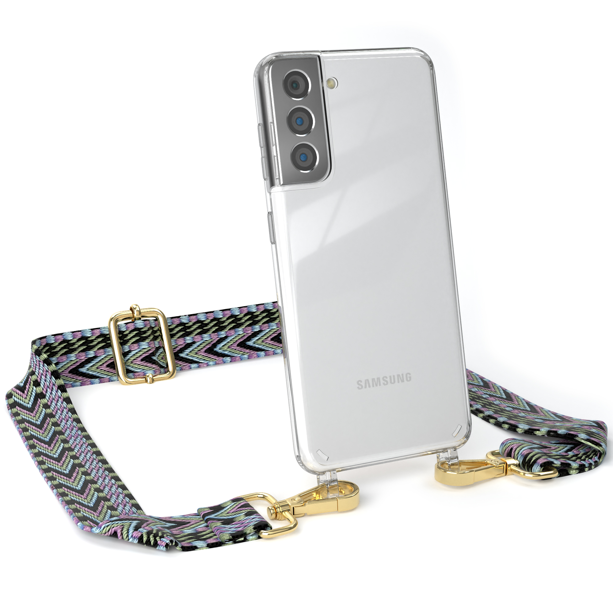 Transparente Handyhülle mit gemustertem Riemen. Riemen hat goldene Verschlüsse. Samsung-Logo auf dem Telefon.