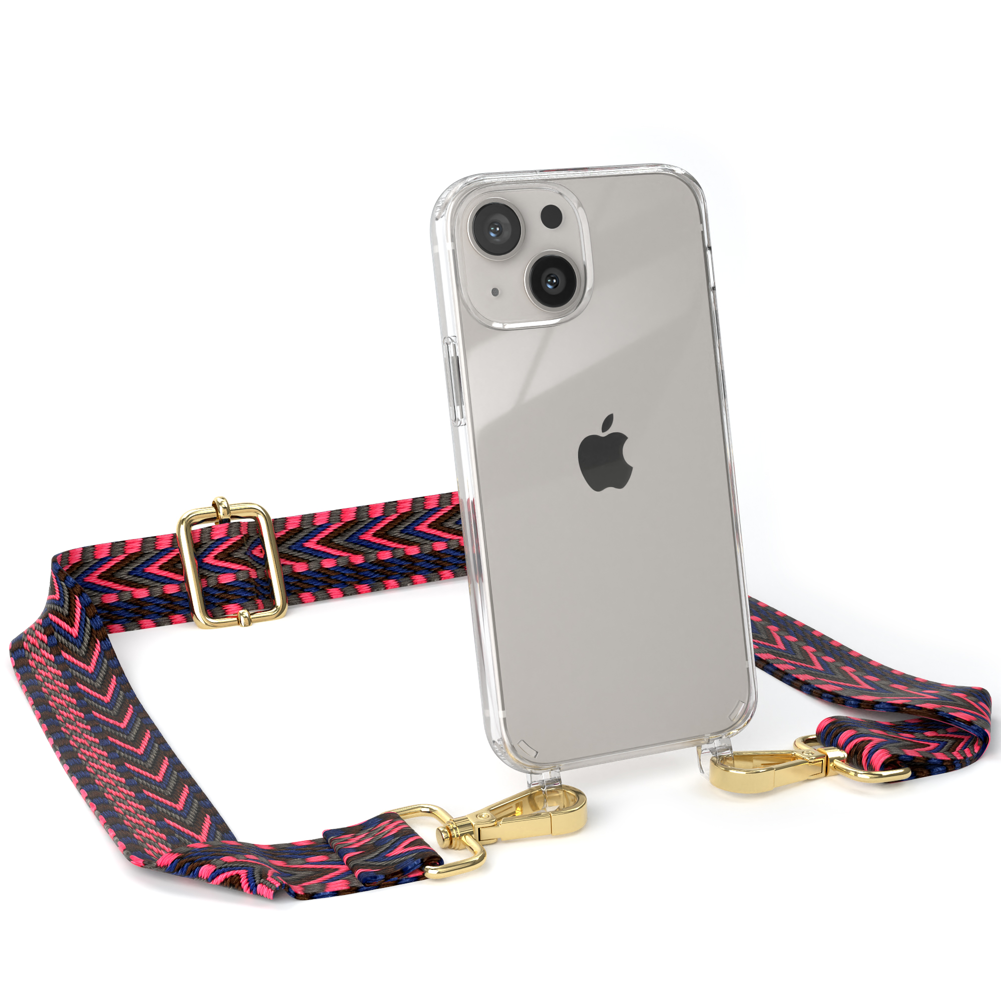 Transparente Handyhülle mit Riemen. Rosa-schwarzer Zickzack-Riemen. Goldene Verschlüsse. Apple-Telefon.