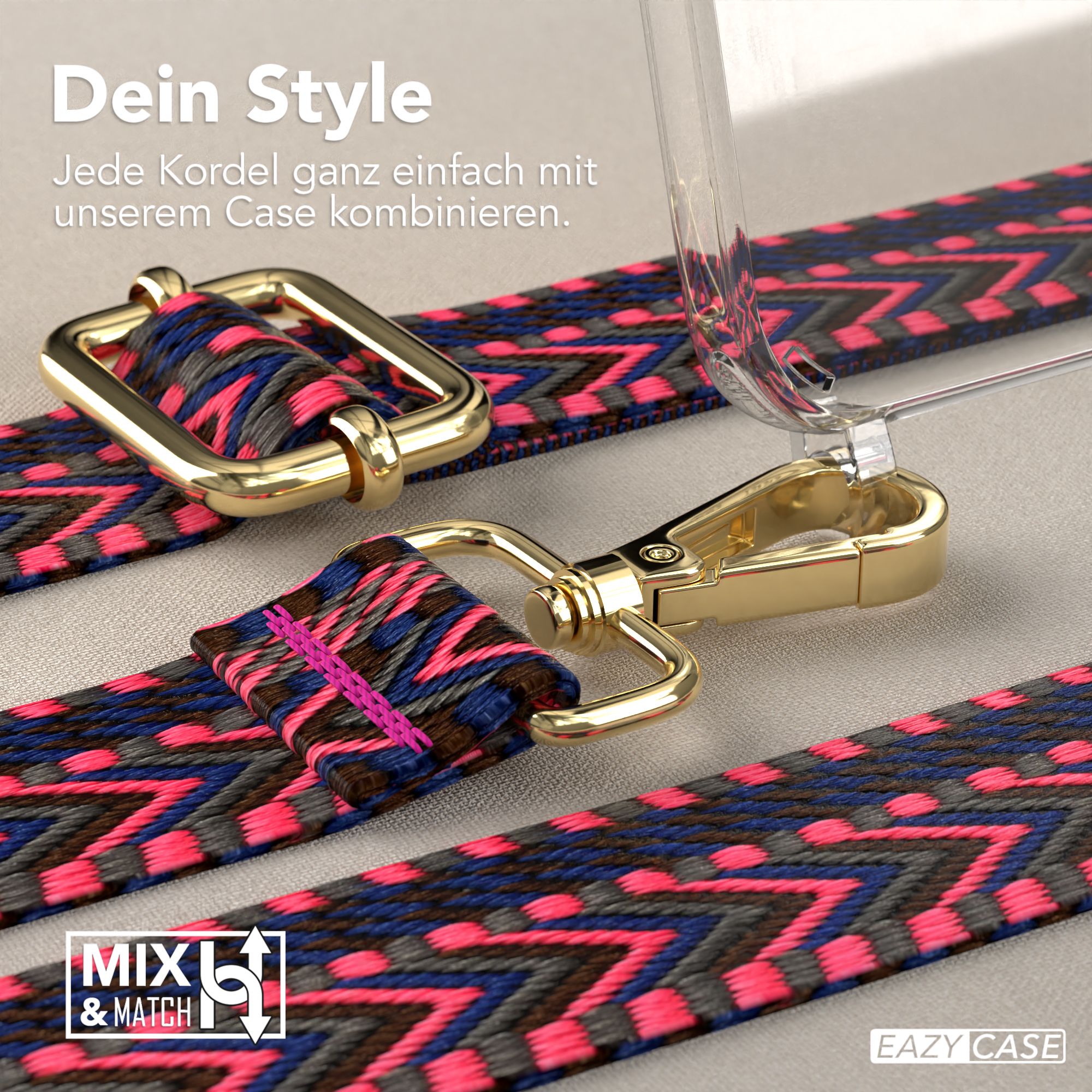 Nahaufnahme einer Handyhülle mit Riemen. Goldene Schnalle und Haken. Rosa und blau gemusterter Riemen.