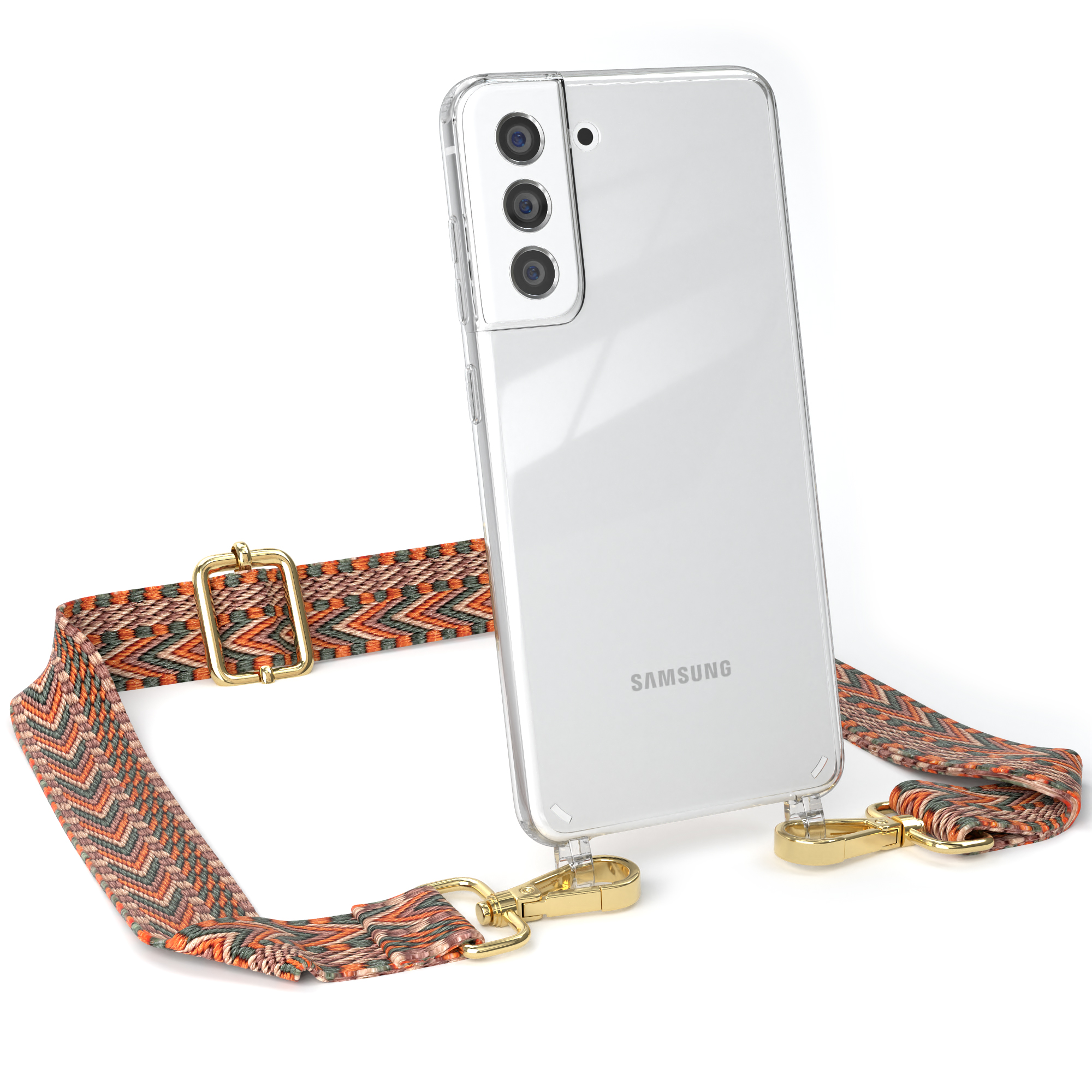 Transparente Handyhülle mit orangefarbenem, grauem und weißem Riemen. Samsung-Logo.