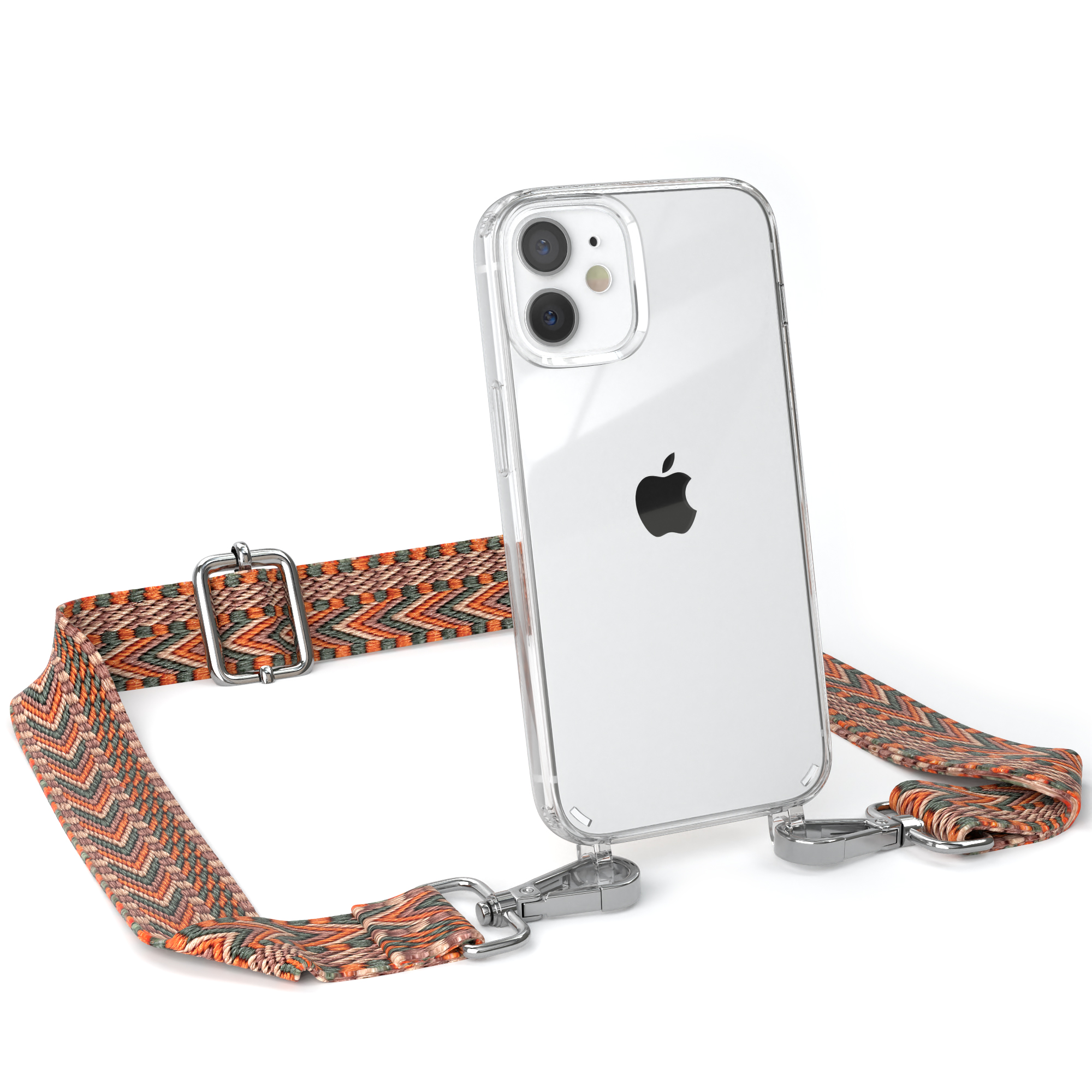 Klare Handyhülle mit Riemen. Der Riemen hat ein orangefarbenes Chevron-Muster mit silberner Hardware.