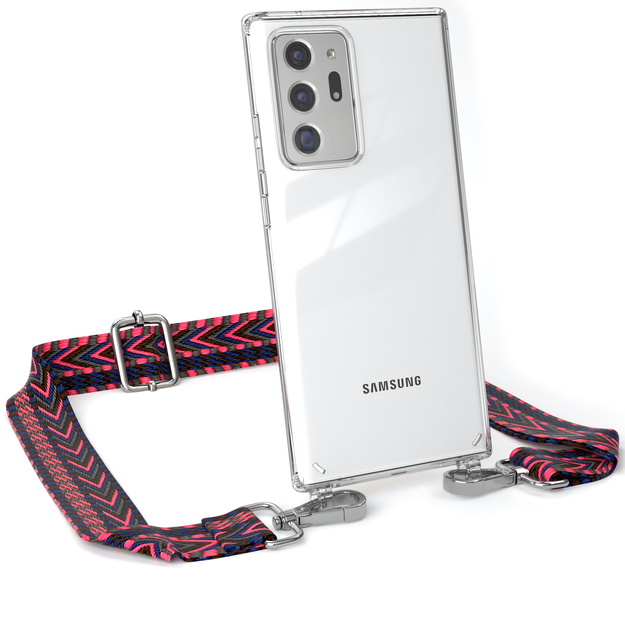 Telefon in klarer Hülle mit rot-rosa gemustertem Riemen. Silberne Verschlüsse. Weißer Hintergrund.