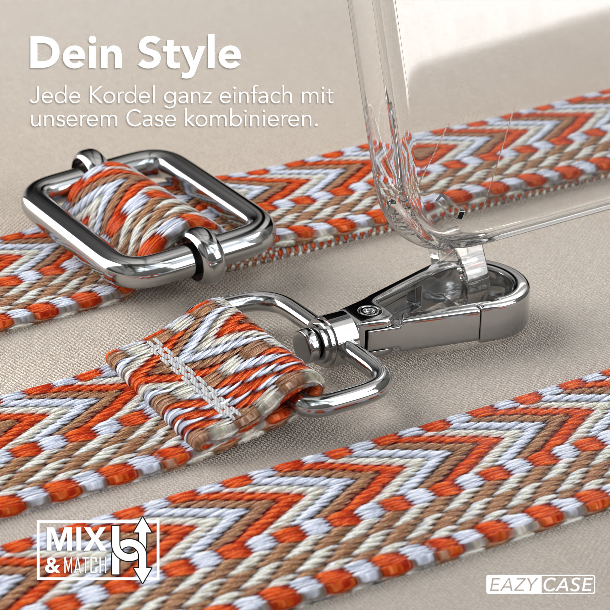Nahaufnahme eines Riemens mit orange-weißem Muster, Metallverschluss und transparenter Handyhülle.