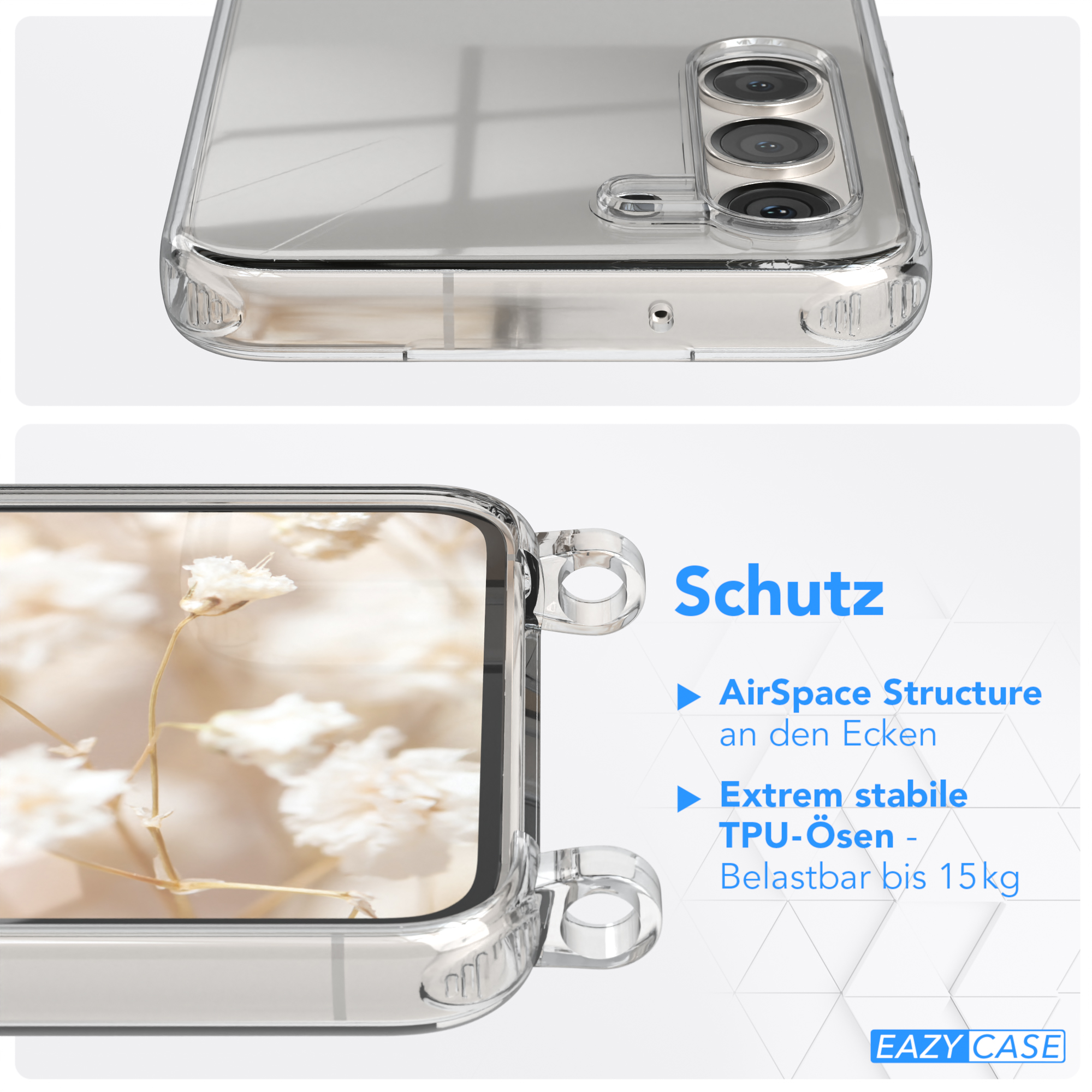 EAZY CASE Transparente mit Kordel Galaxy S23, Umhängetasche, Style, Hellblau Samsung, Handyhülle Boho / Rot